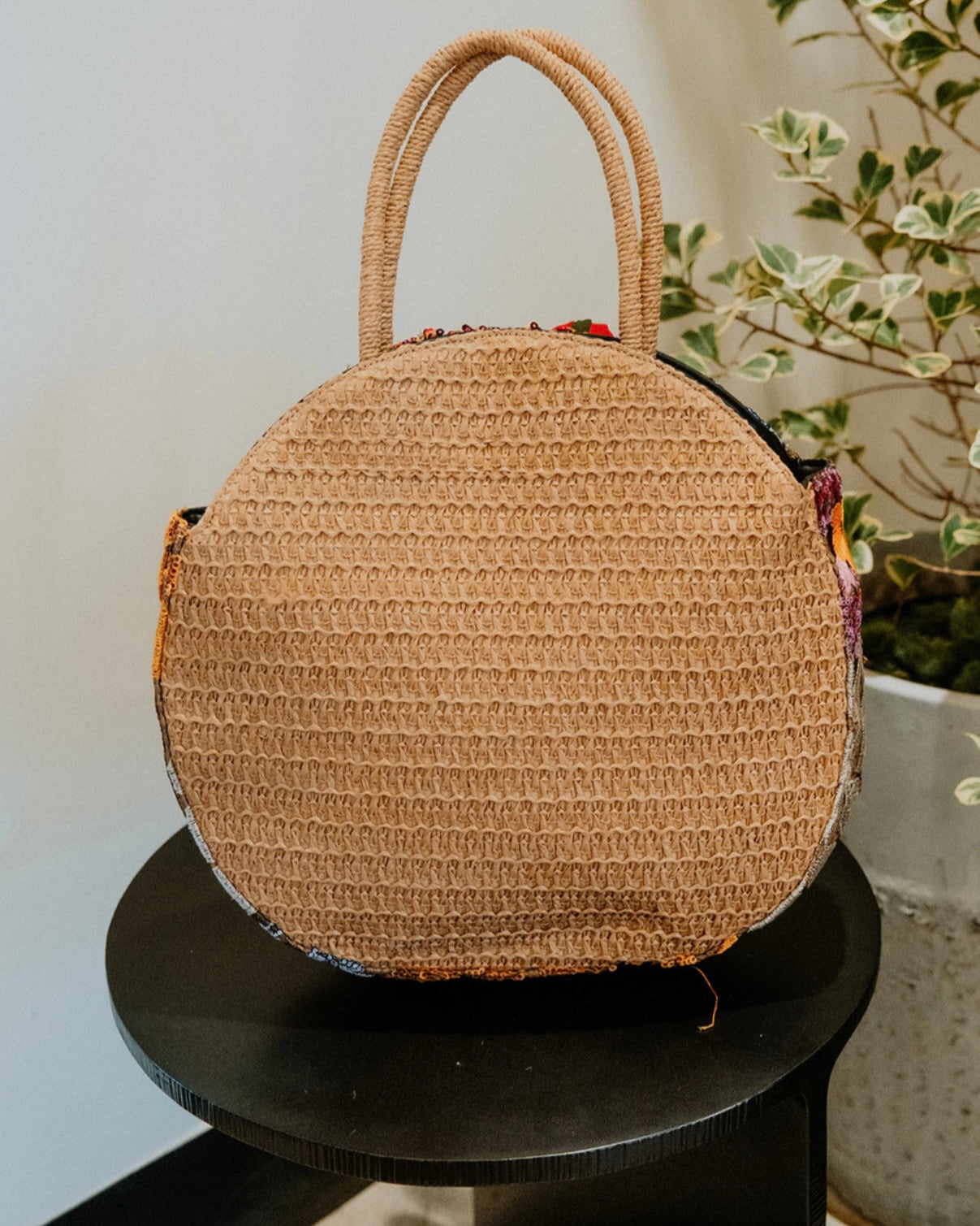 Artisan Round Floral Embellished Tote