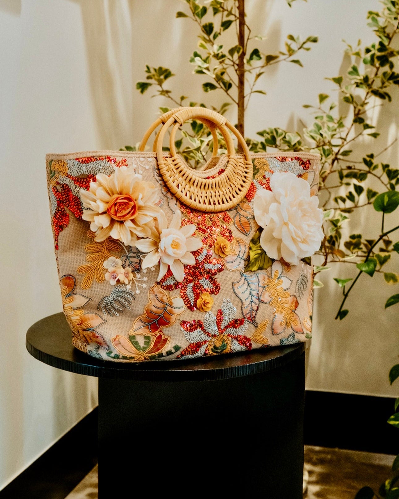 Garden Bloom Sequin Tote with Rattan Handles