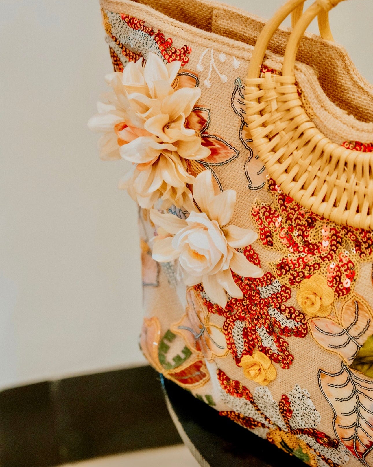 Garden Bloom Sequin Tote with Rattan Handles