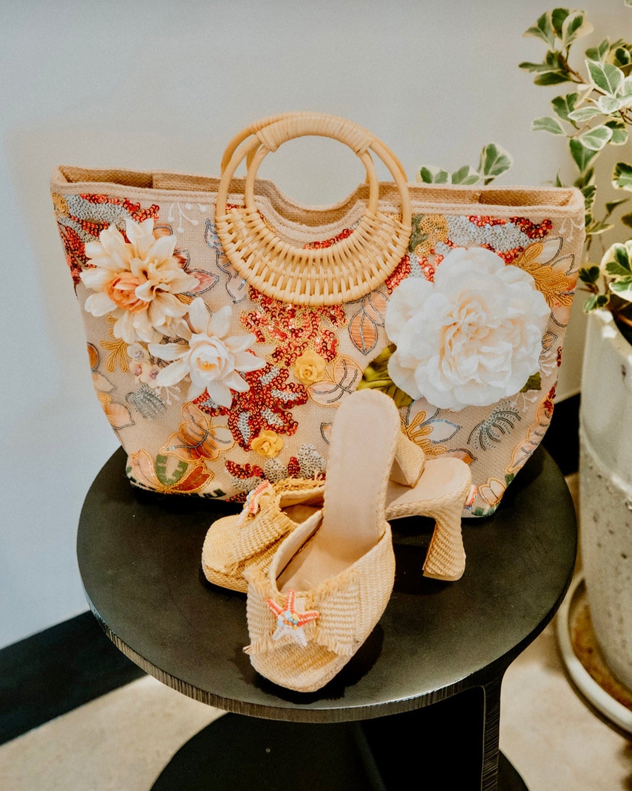 Garden Bloom Sequin Tote with Rattan Handles