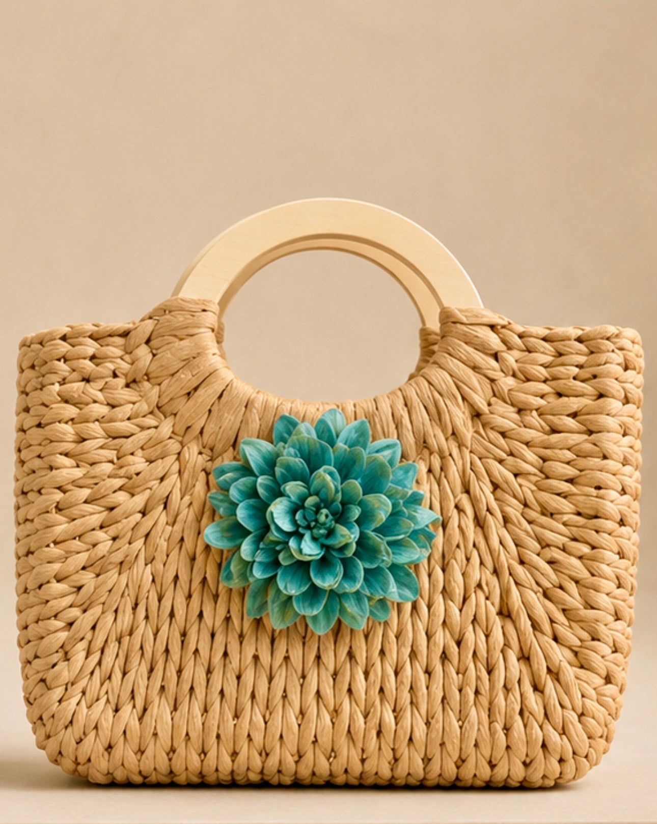 Caramel Woven Tote with Teal Blossom