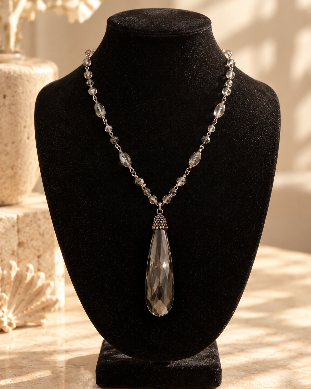 Smoky Elegance Faceted Teardrop Necklace