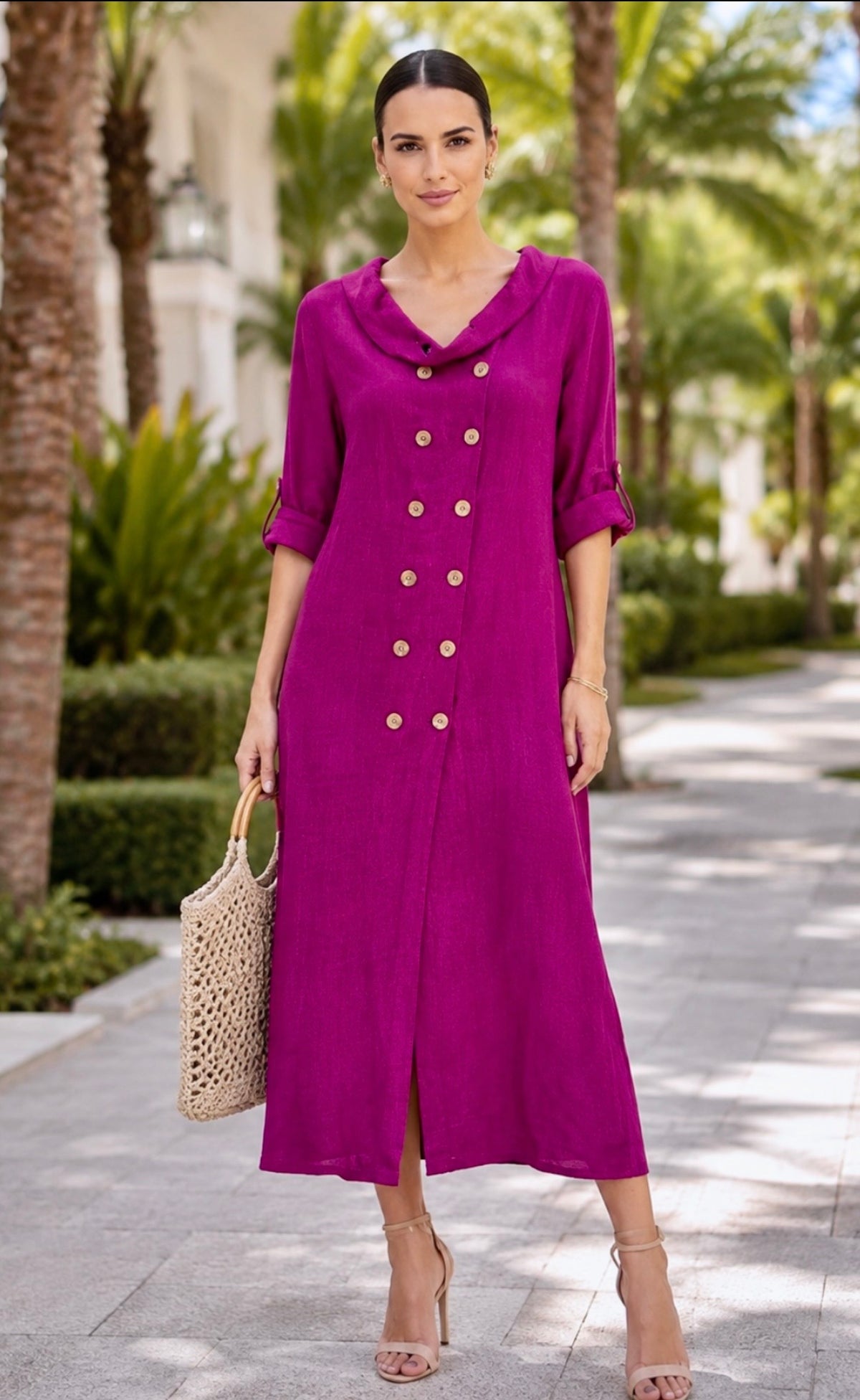 Linen Double-Breasted Midi Dress