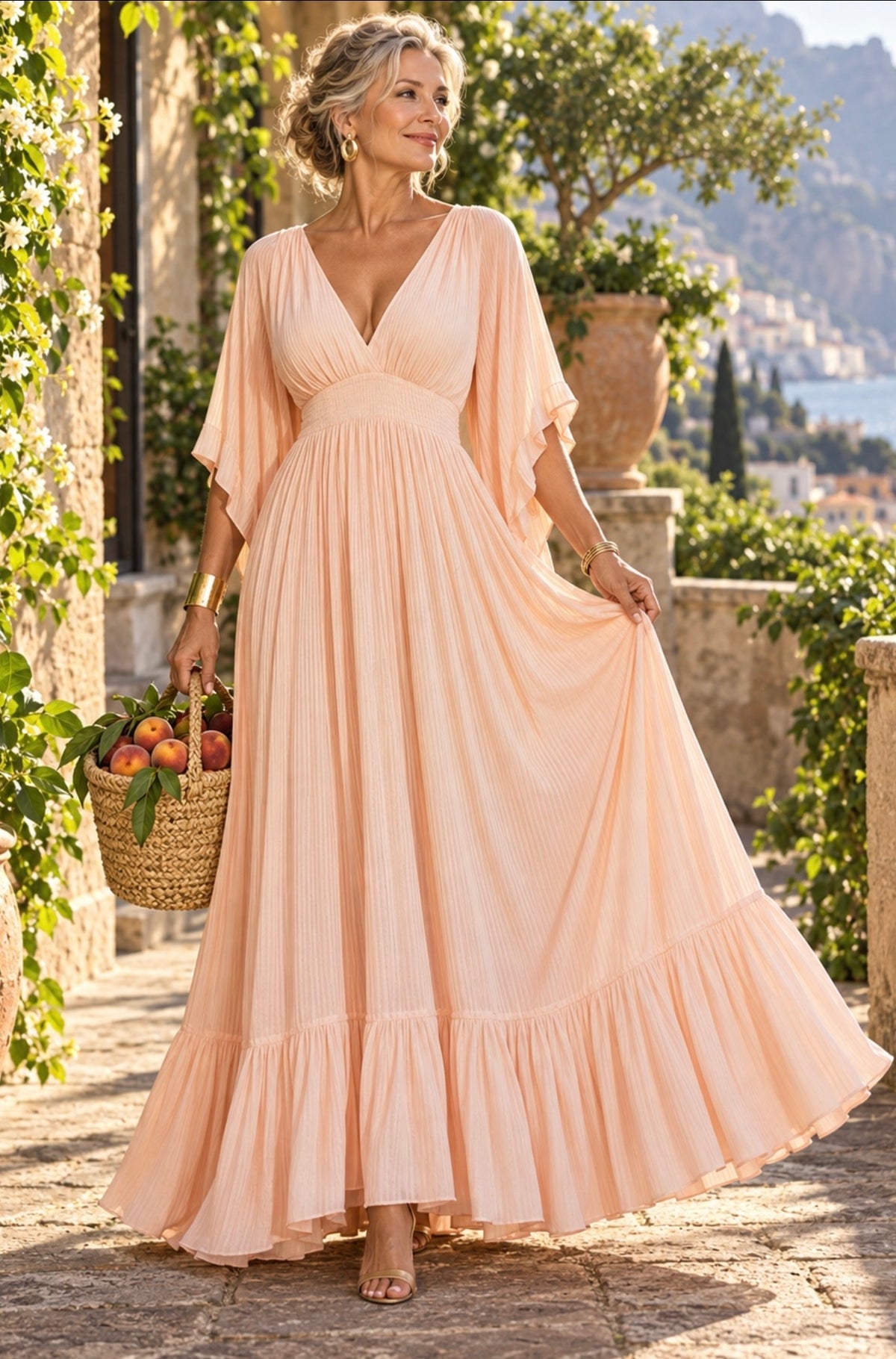 Mediterranean Bloom Solid Maxi Dress
