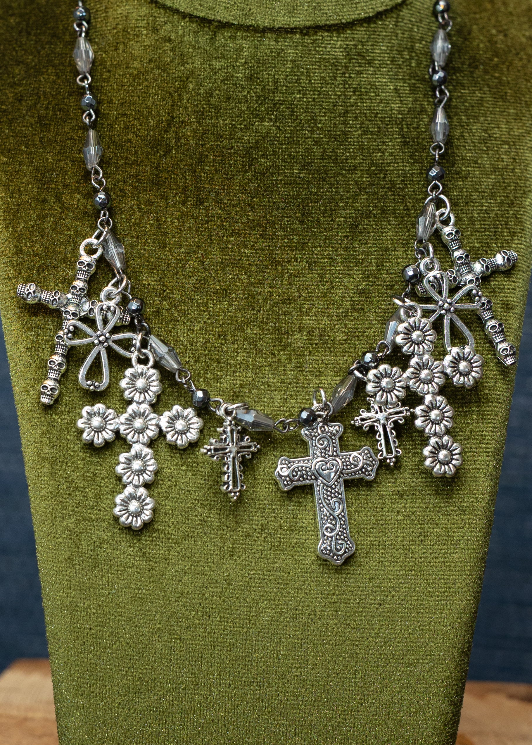 Silver Cross & Floral Charm Necklace