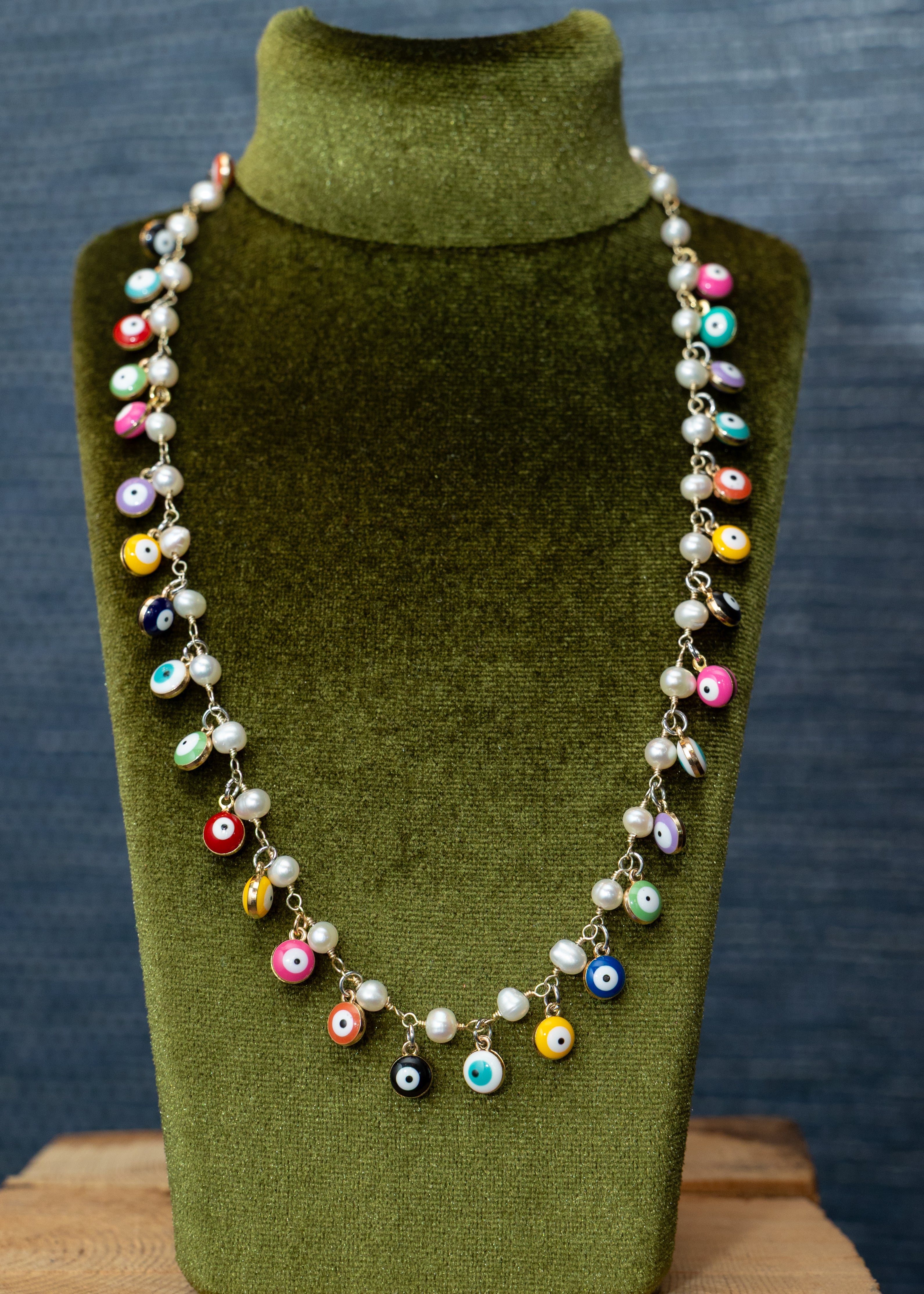 Pearl & Evil Eye Charm Necklace