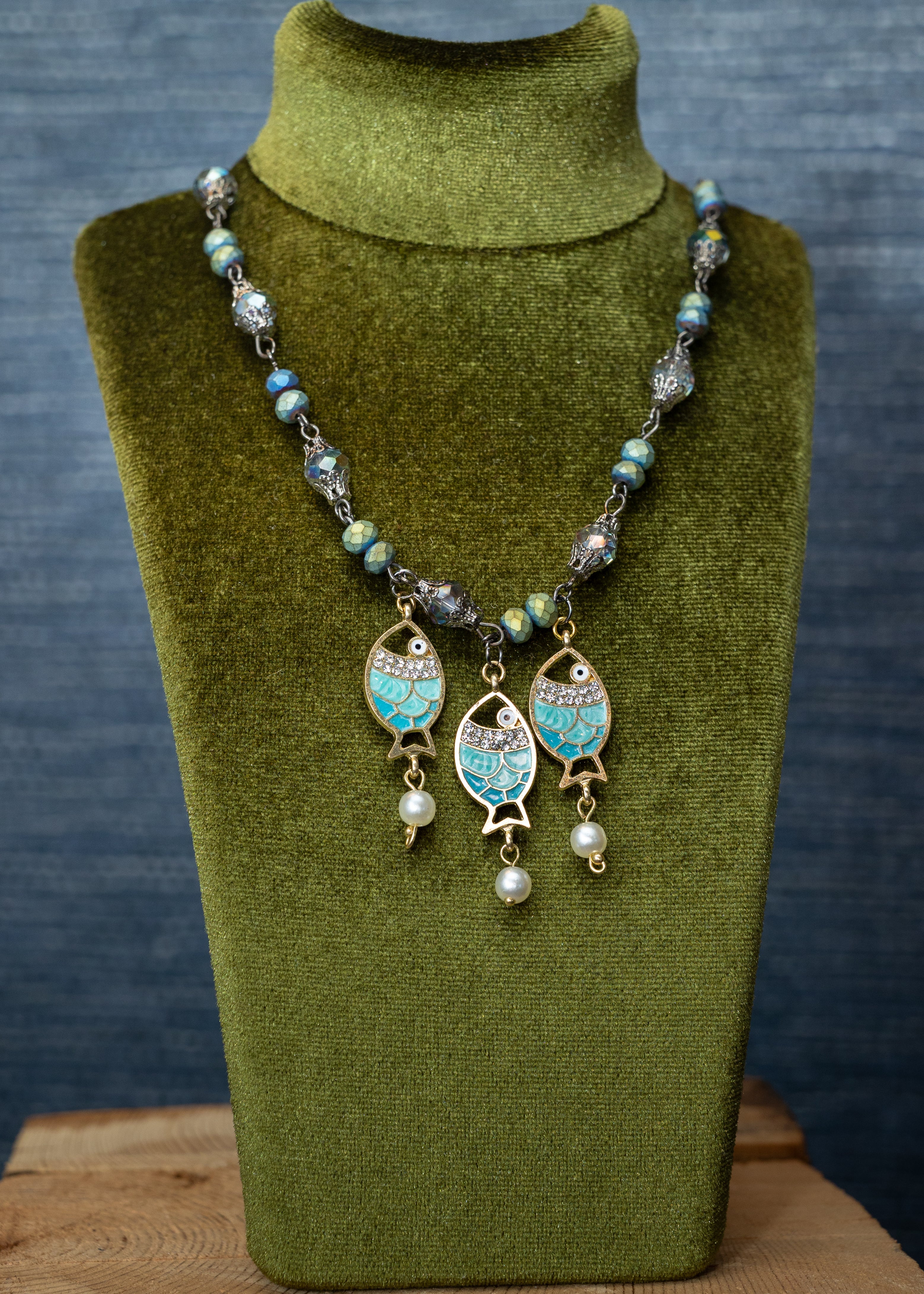 Turquoise Enamel Fish Trio Necklace