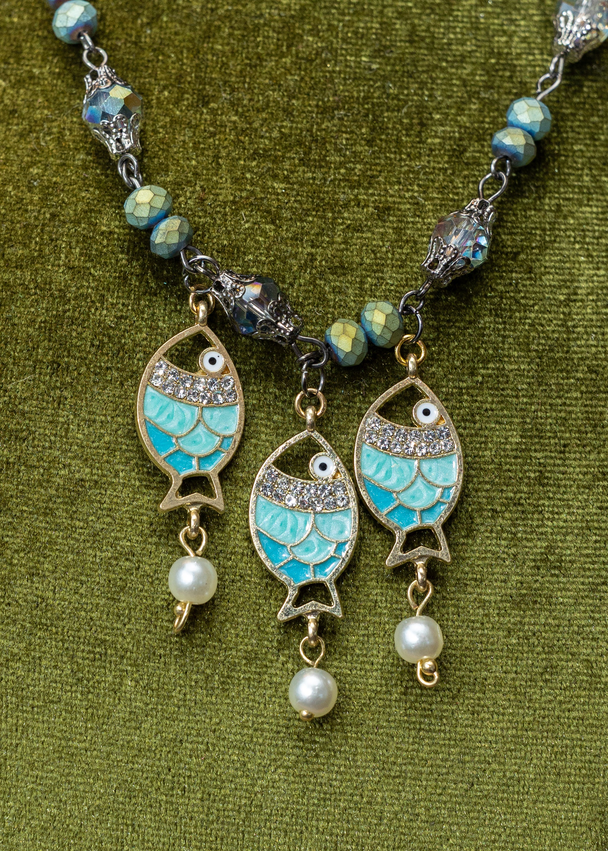Turquoise Enamel Fish Trio Necklace