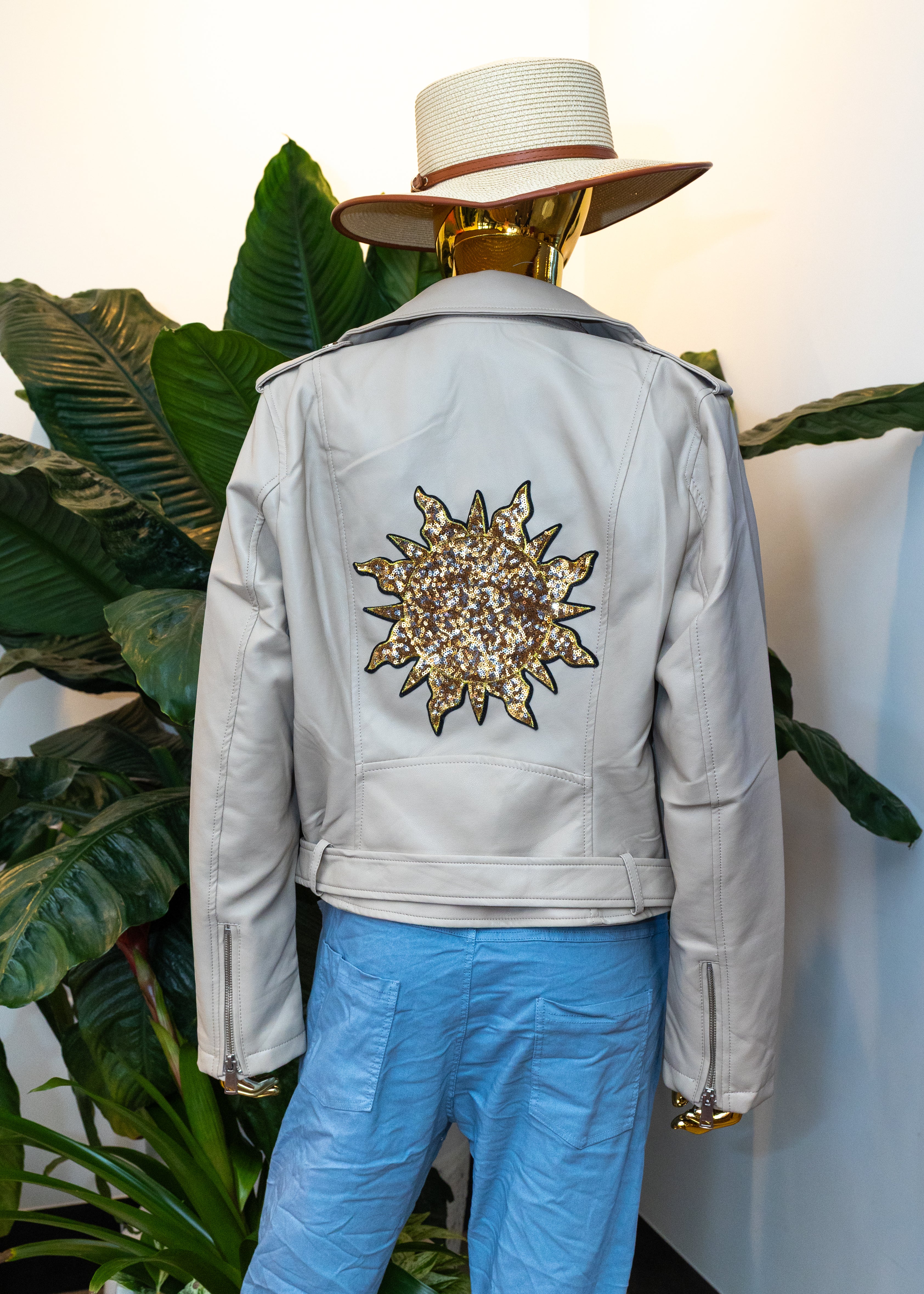 Sequin Sunburst Leather Moto Jacket