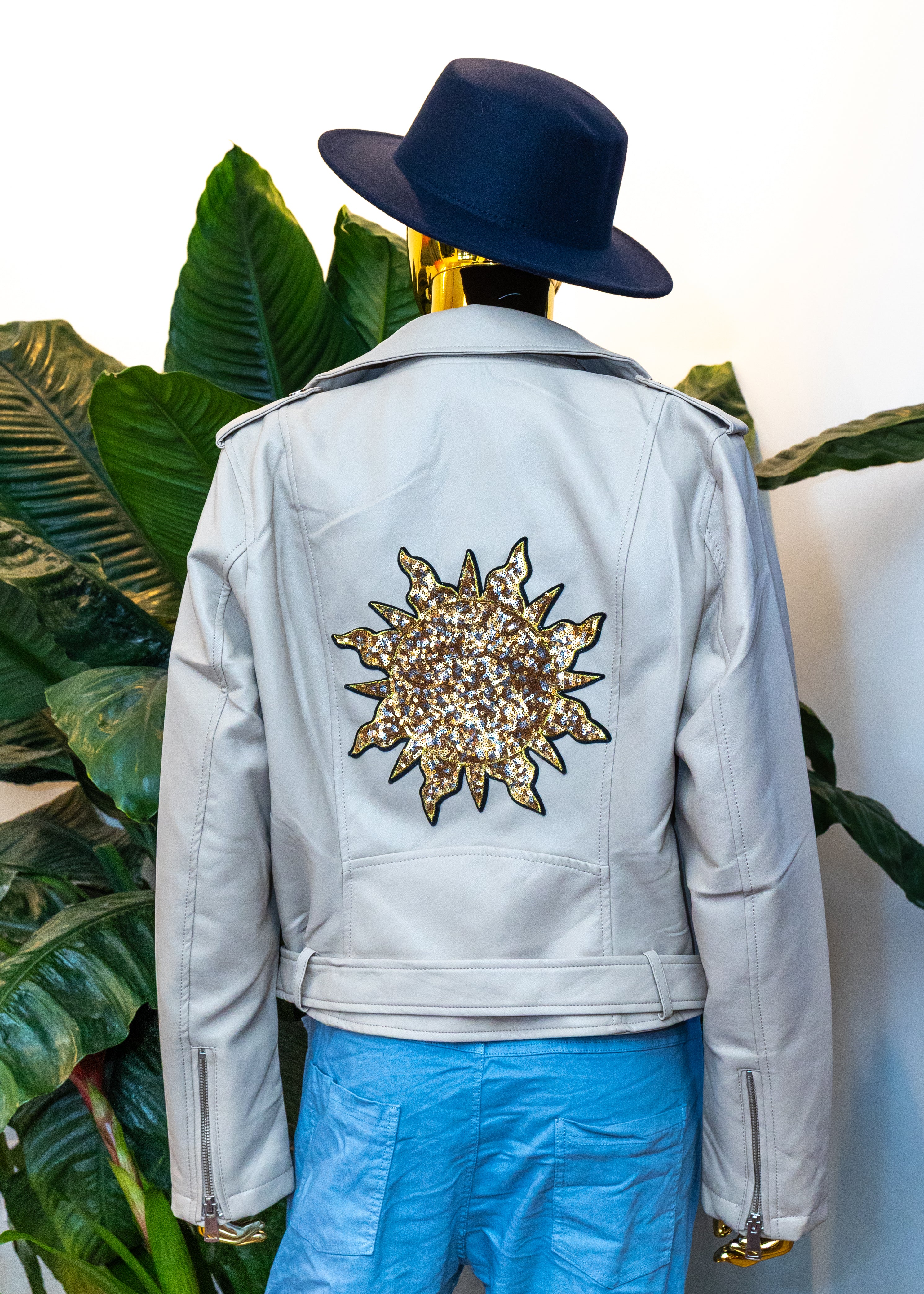 Sequin Sunburst Leather Moto Jacket