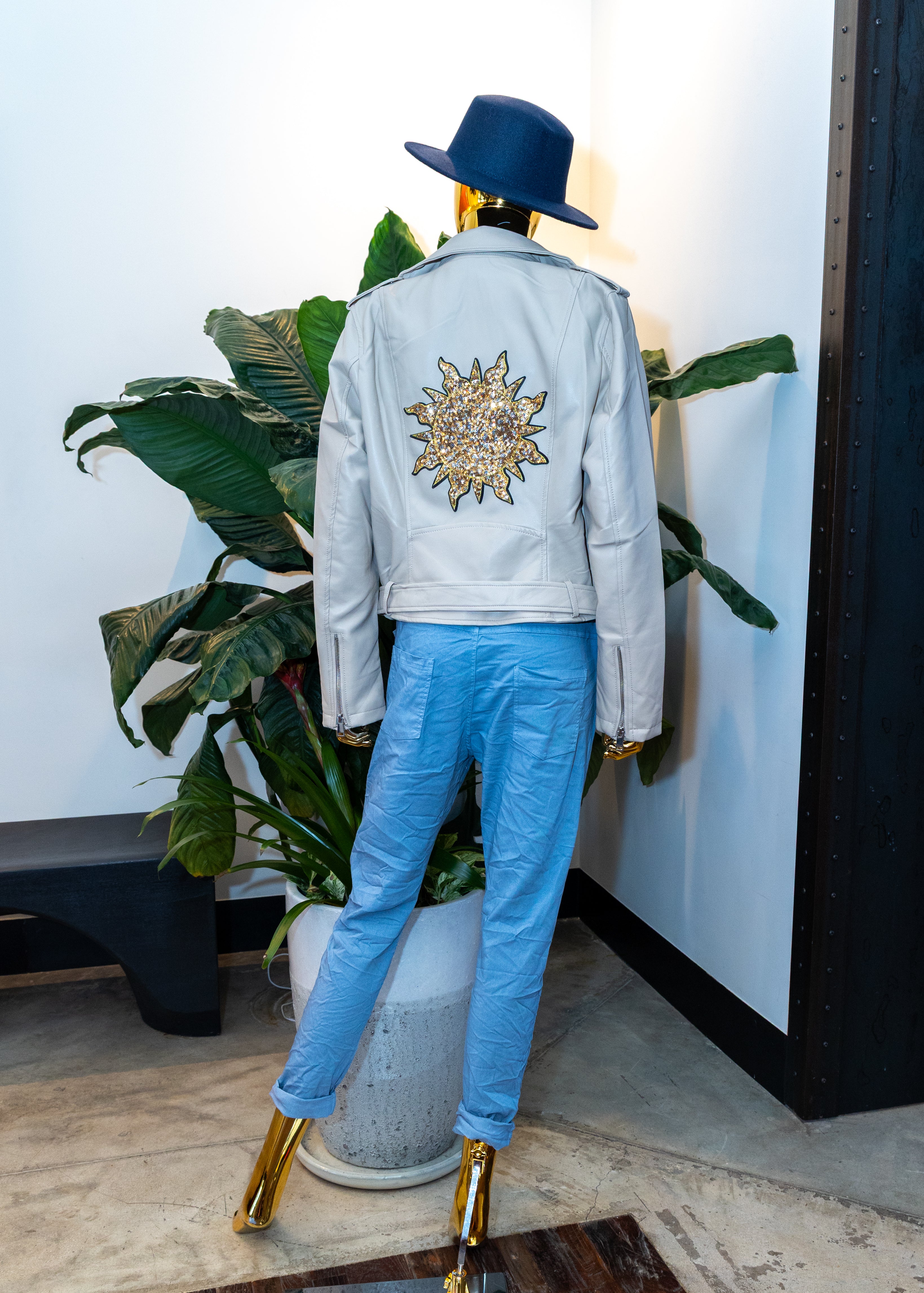 Sequin Sunburst Leather Moto Jacket