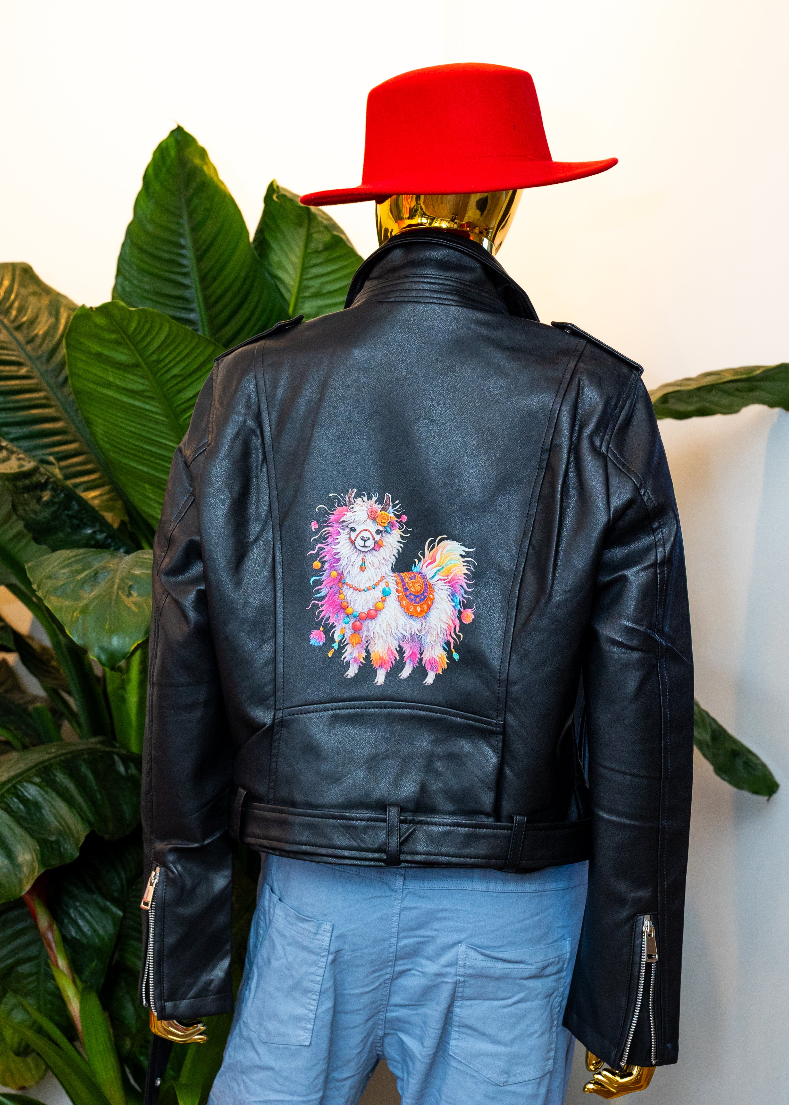 Whimsical Llama Leather Moto Jacket
