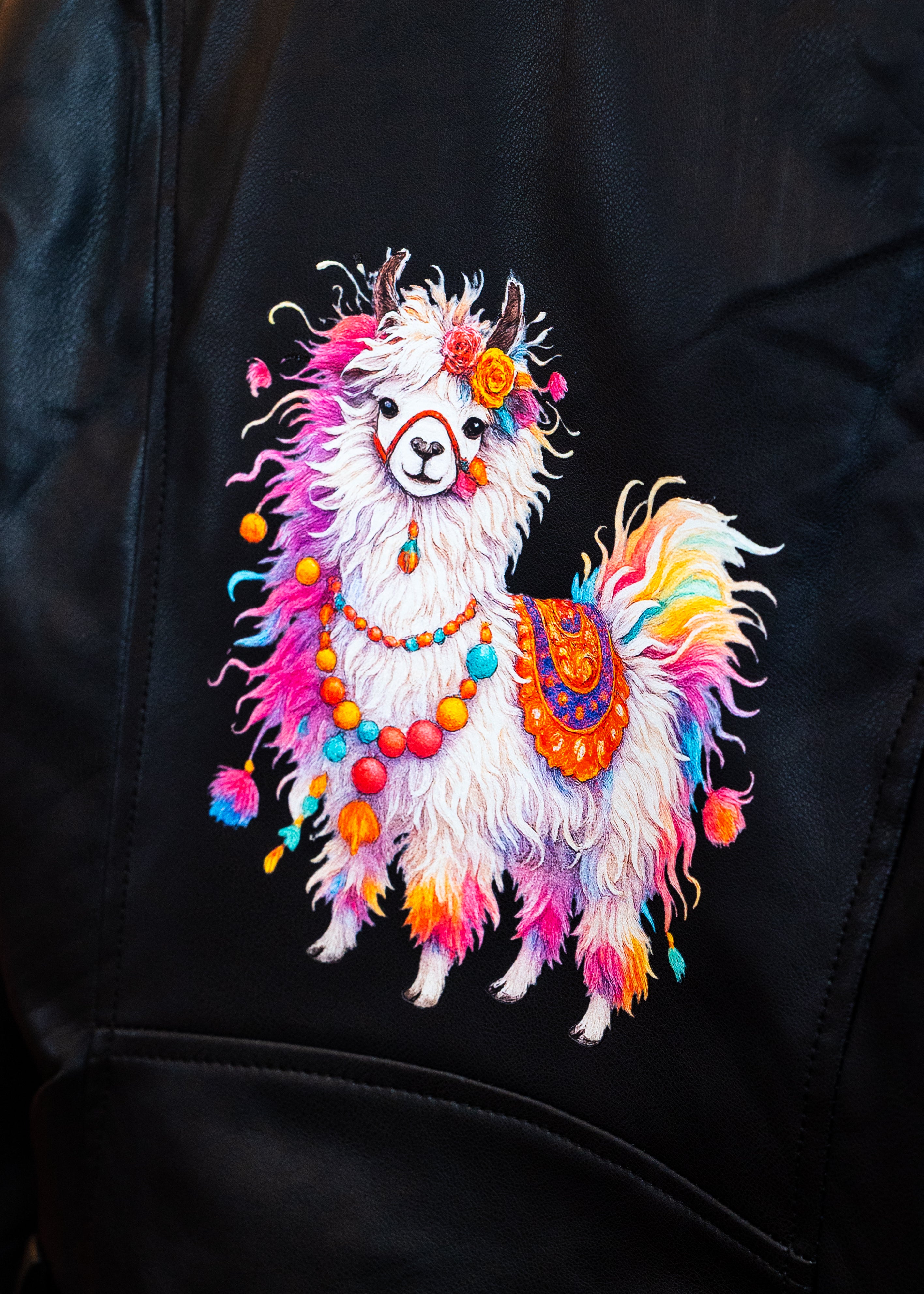 Whimsical Llama Leather Moto Jacket