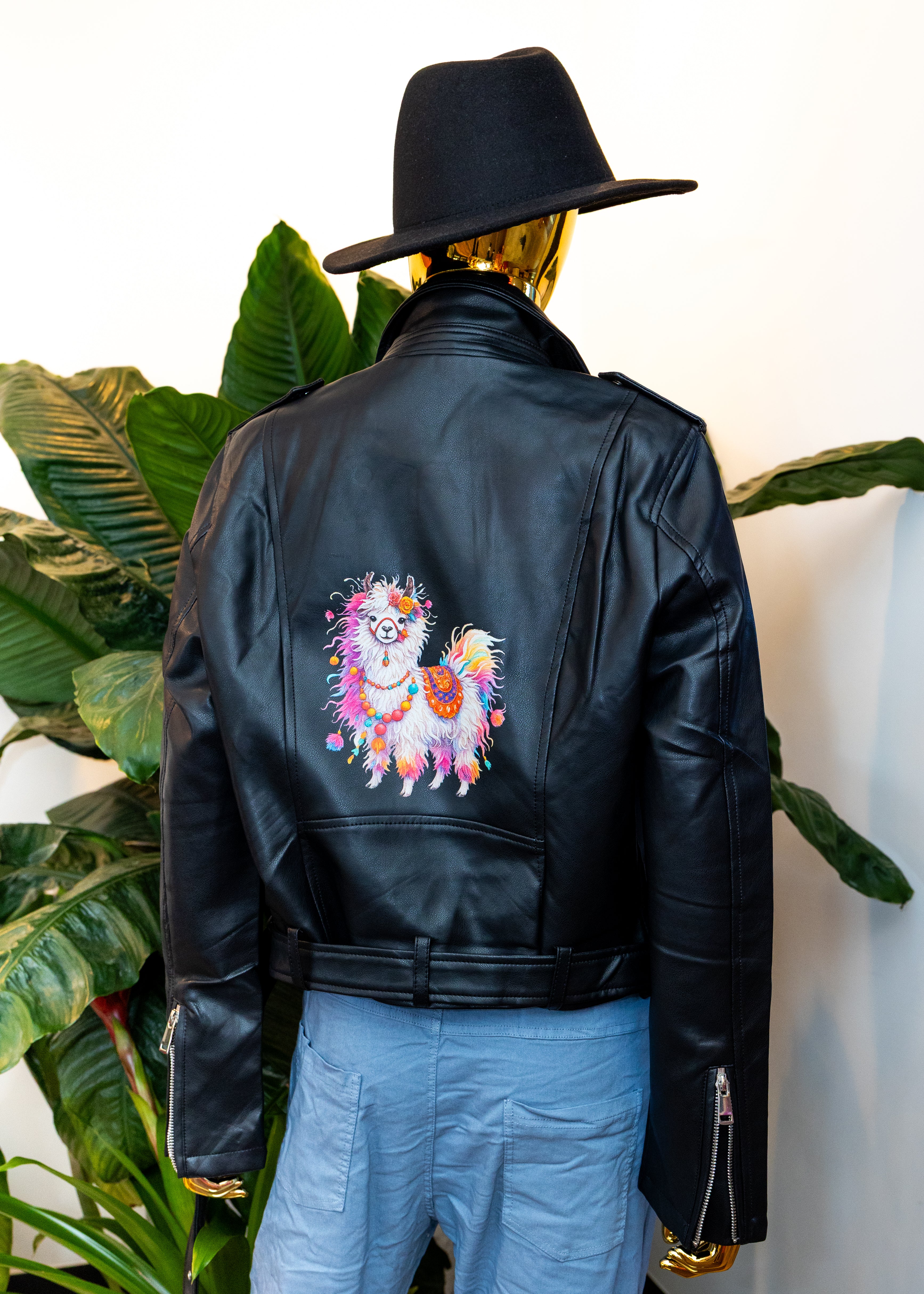 Whimsical Llama Leather Moto Jacket