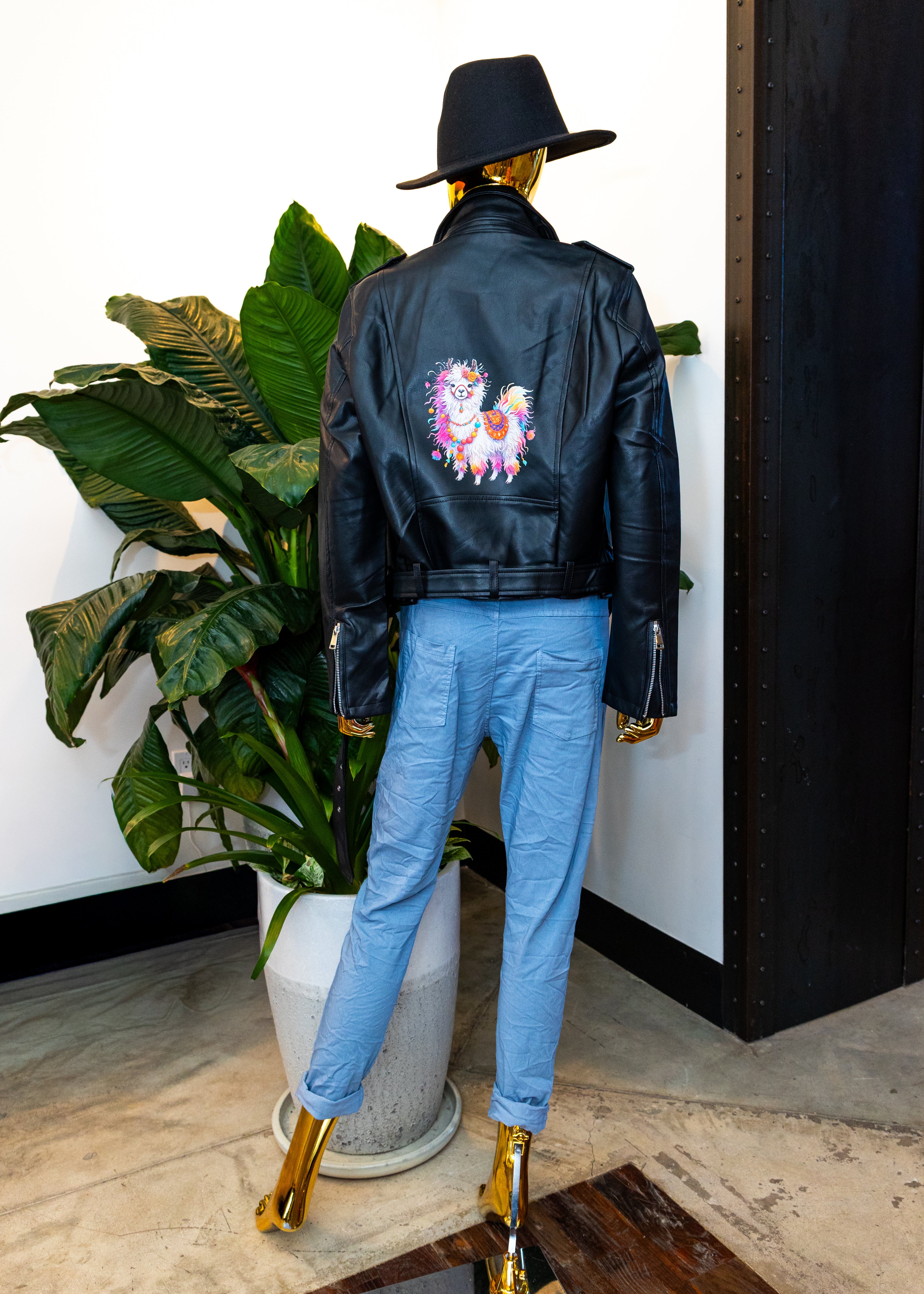 Whimsical Llama Leather Moto Jacket