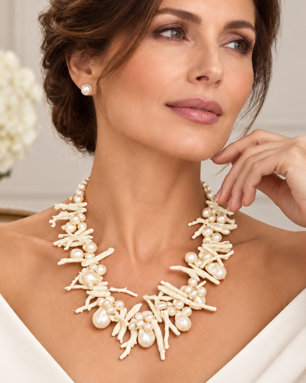 Ivory Baroque Pearl + White Branch Coral Necklace