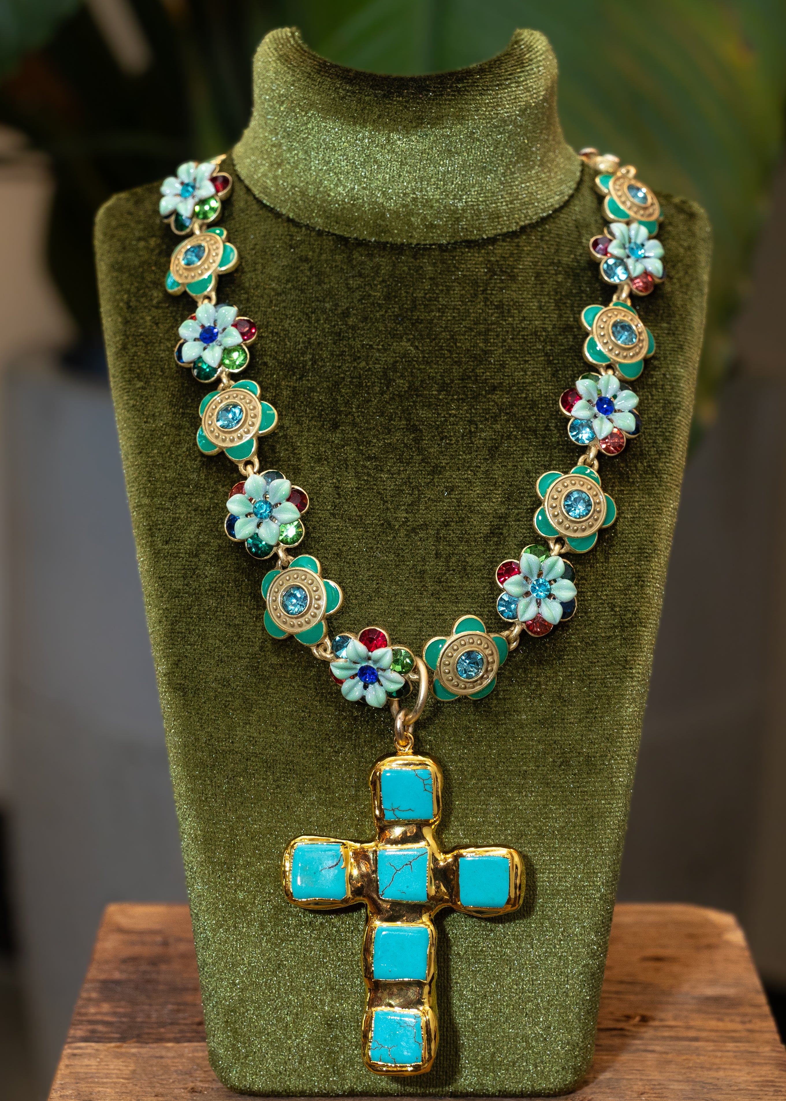 Turquoise Floral Cross Statement Necklace