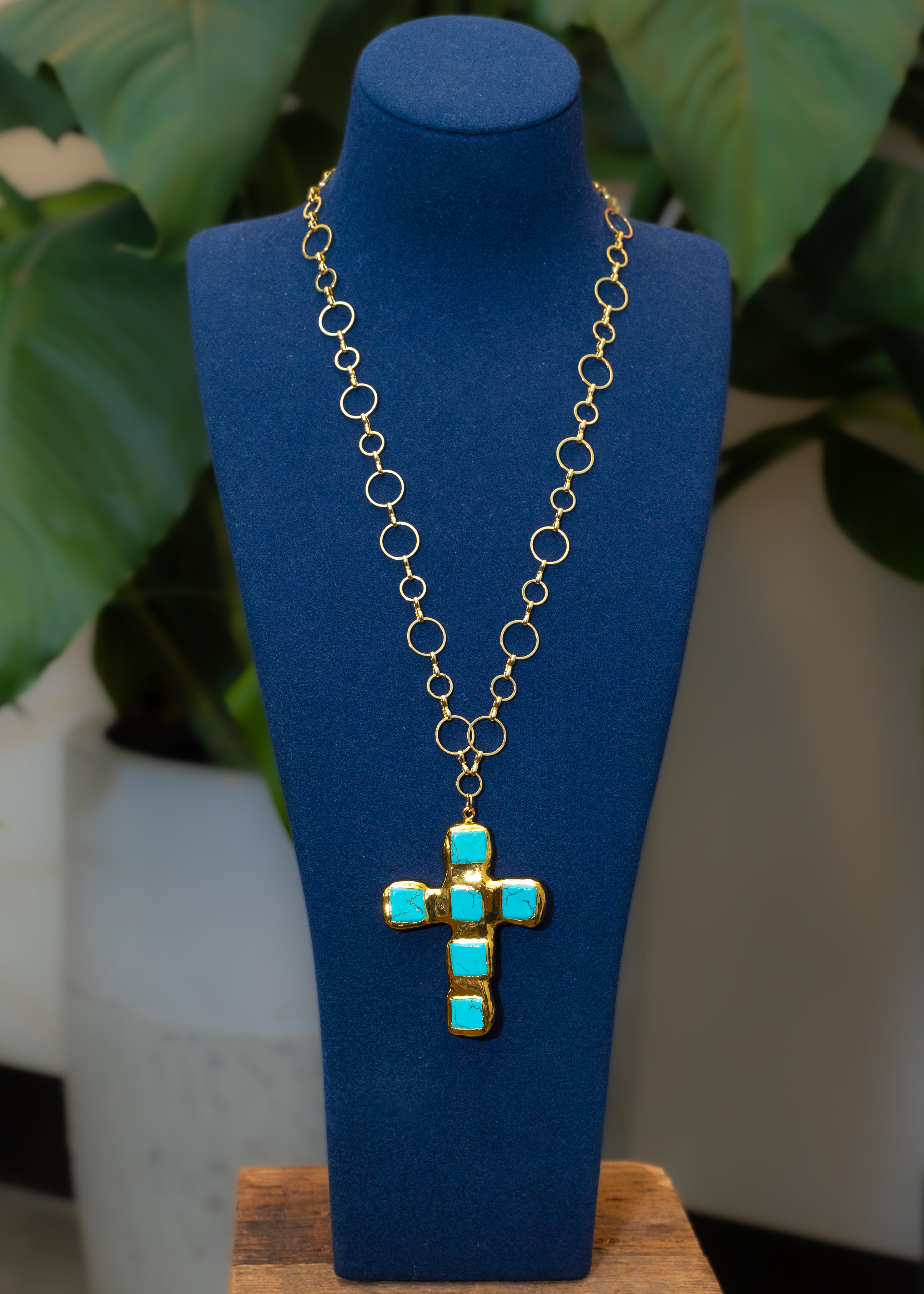 Gold Link Turquoise Cross Necklace