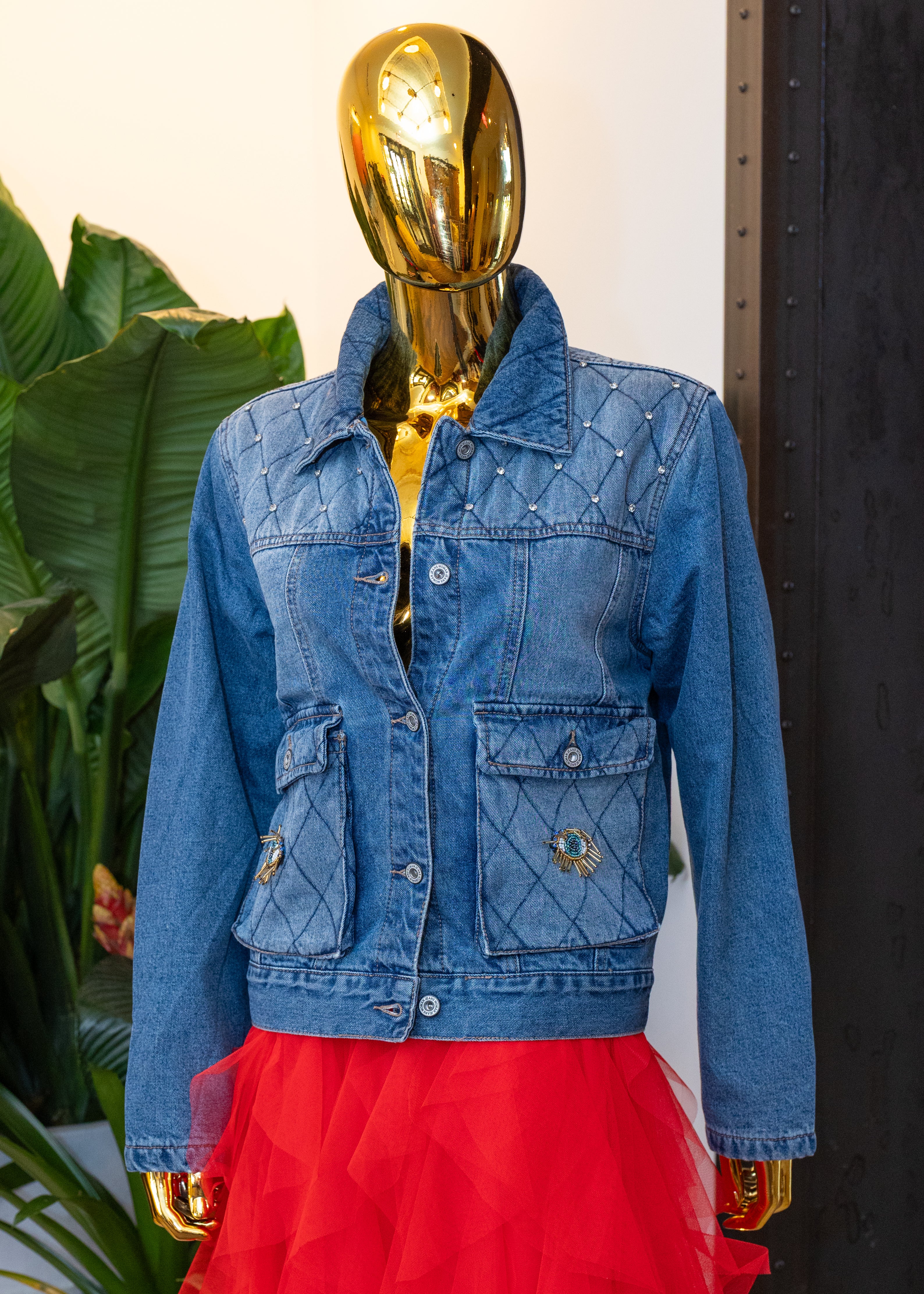 Evil Eye Embellished Quilted Denim Jacket