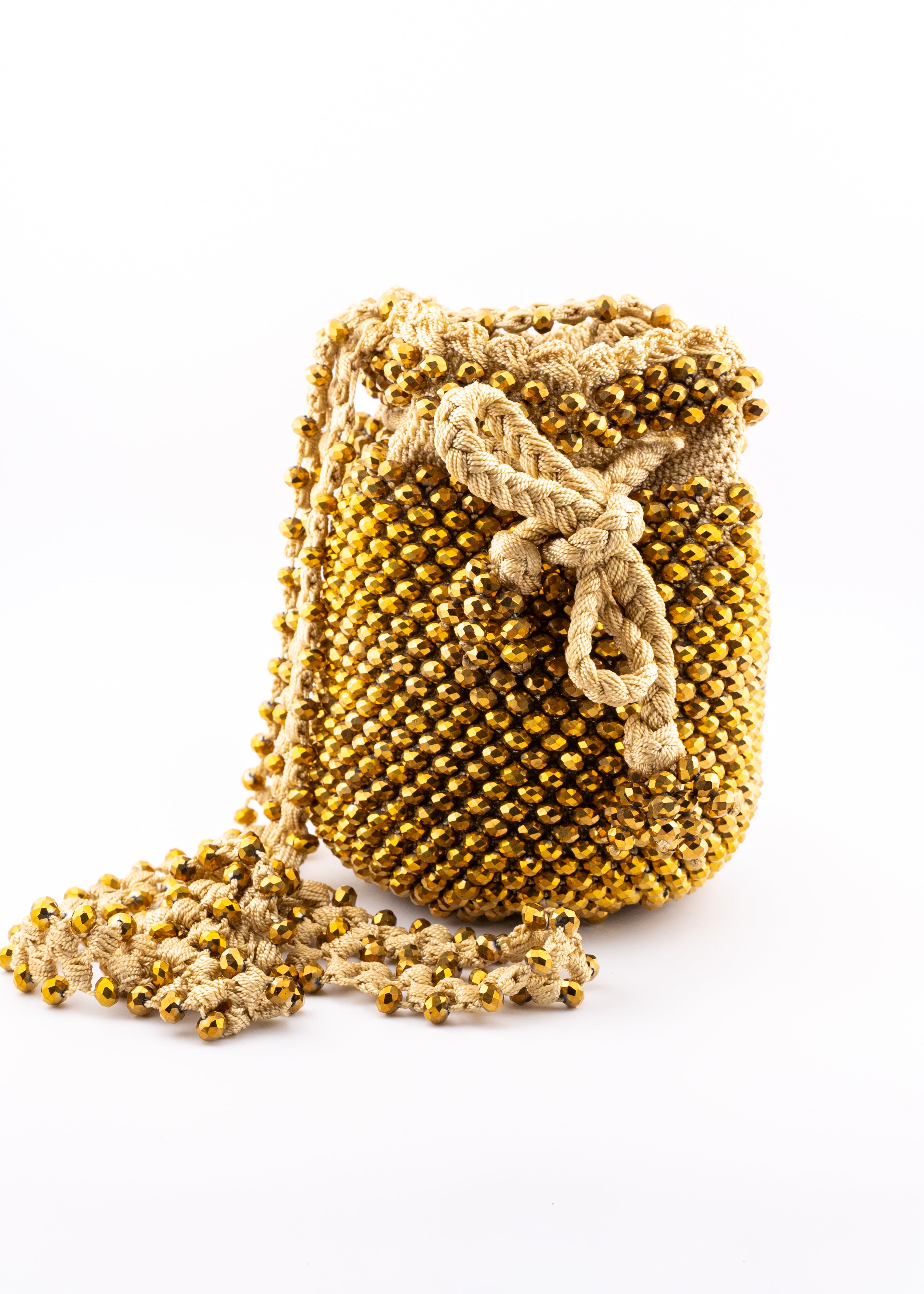 Gold Beaded Crochet Bucket Bag