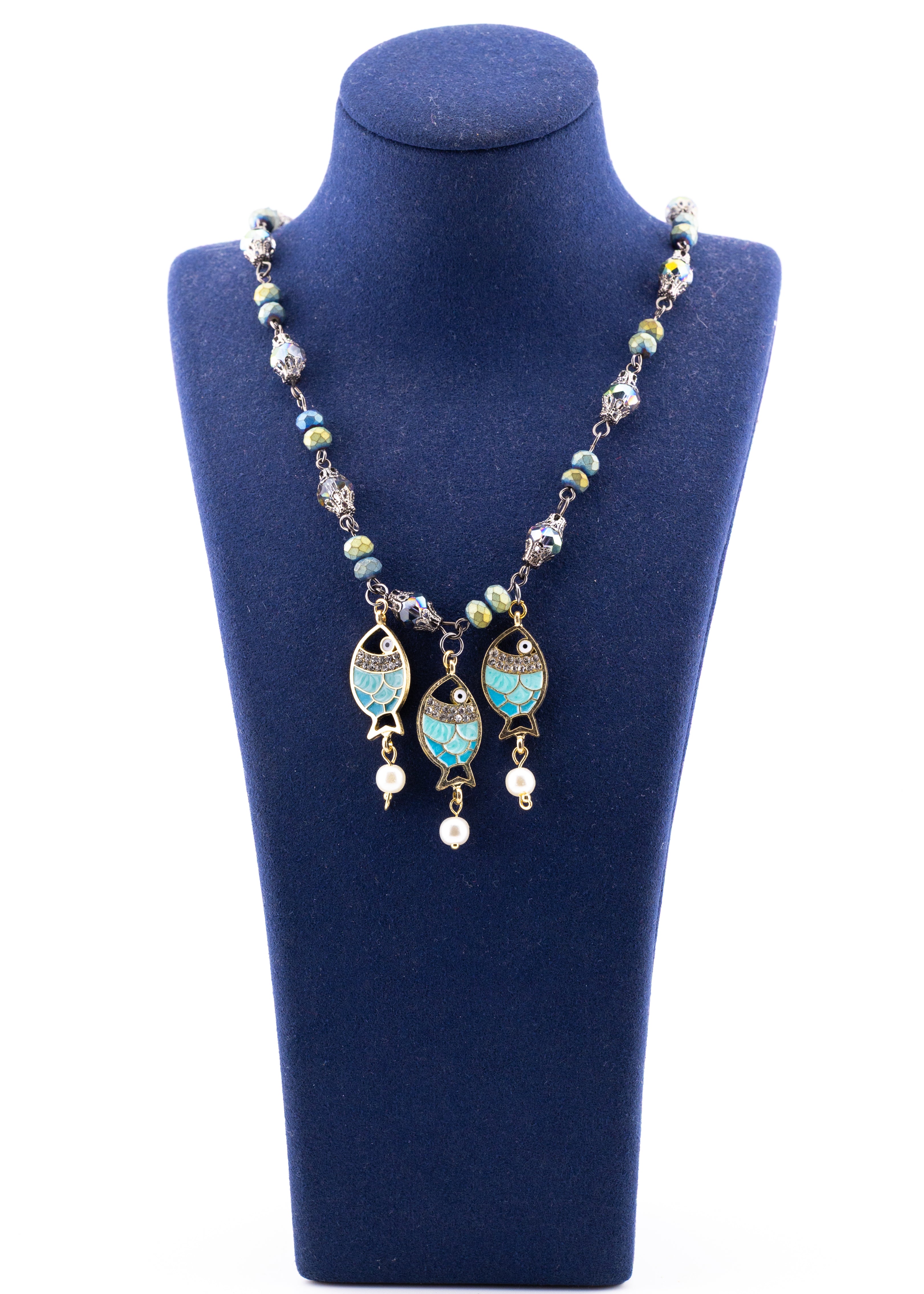 Turquoise Enamel Fish Trio Necklace