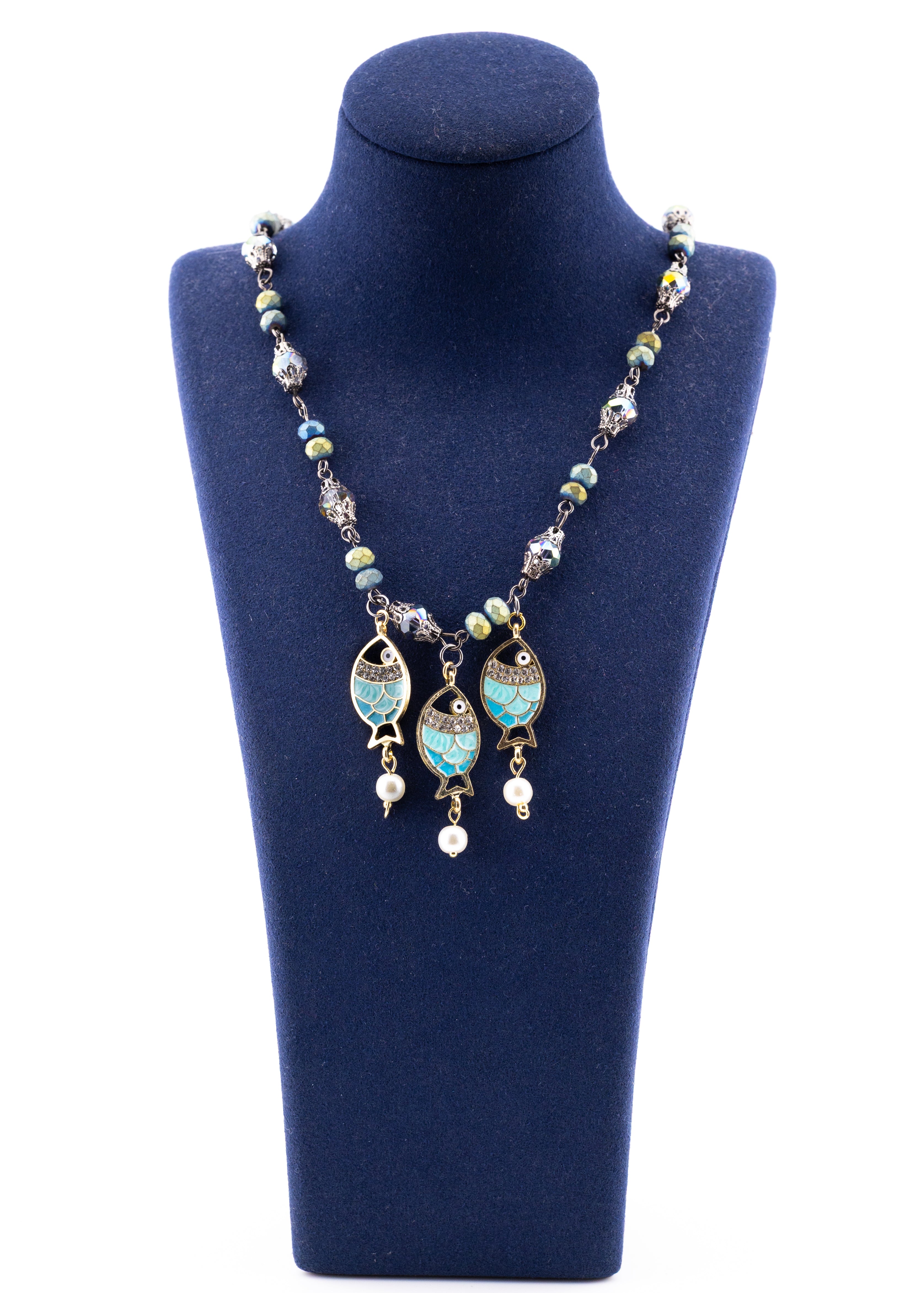 Turquoise Enamel Fish Trio Necklace