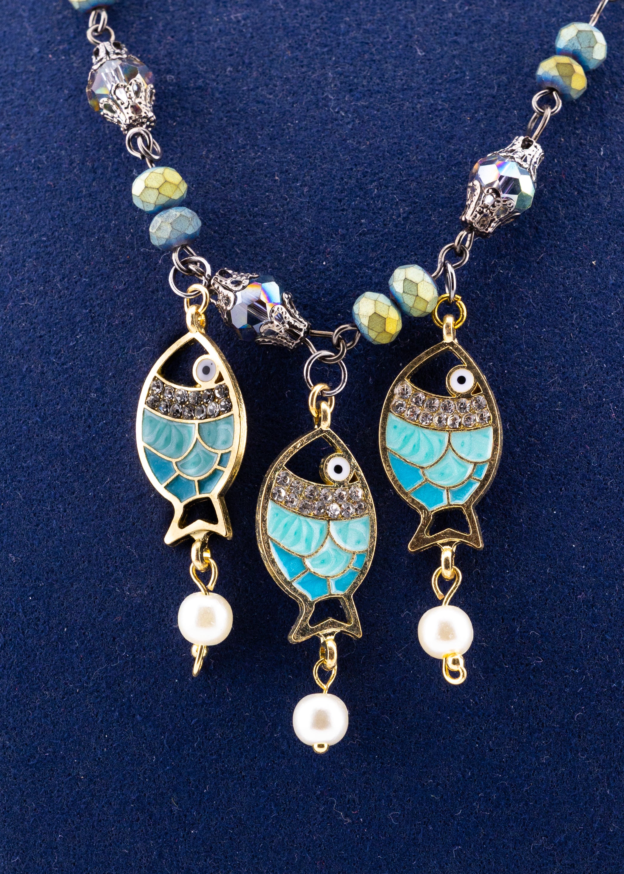 Turquoise Enamel Fish Trio Necklace