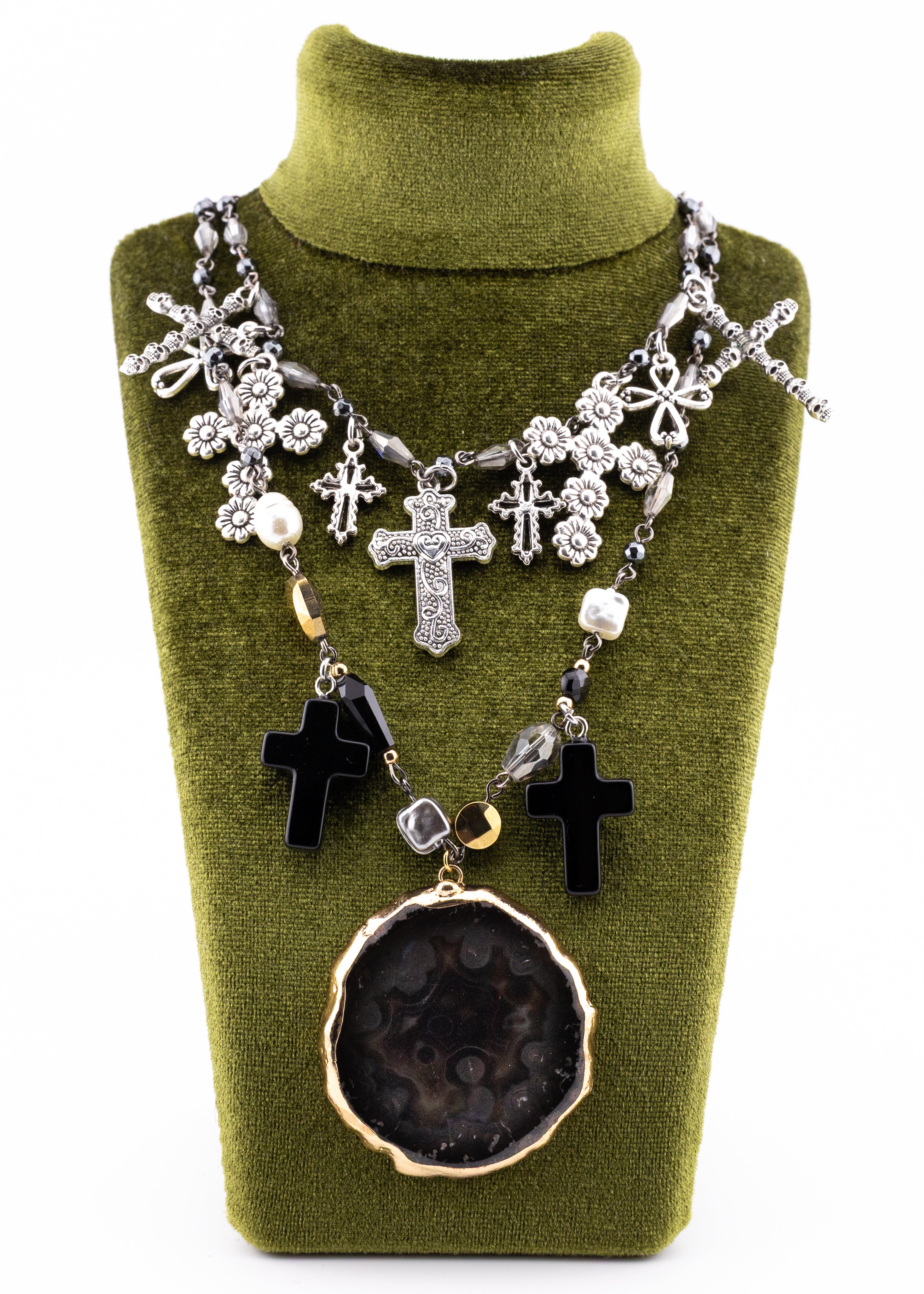 Black Agate & Cross Layered Necklace