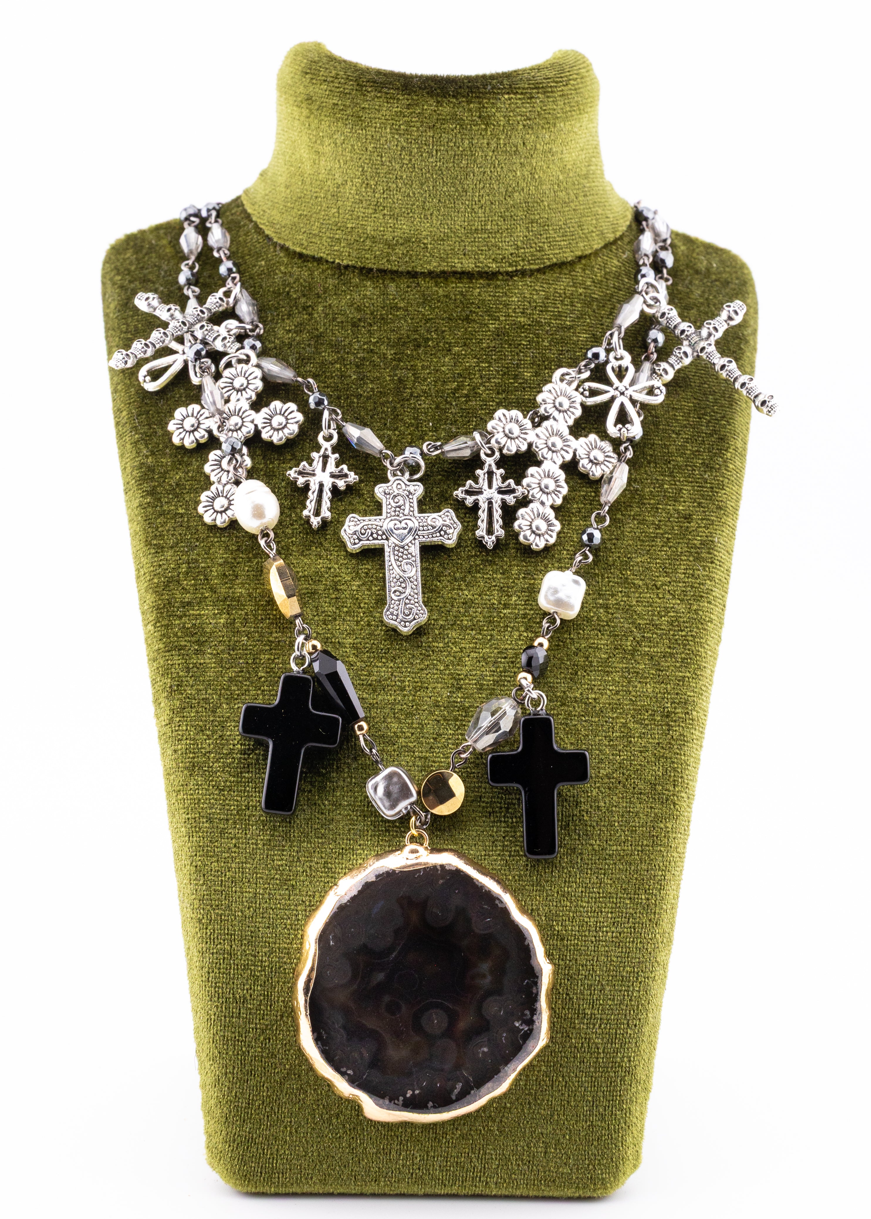 Black Agate & Cross Layered Necklace