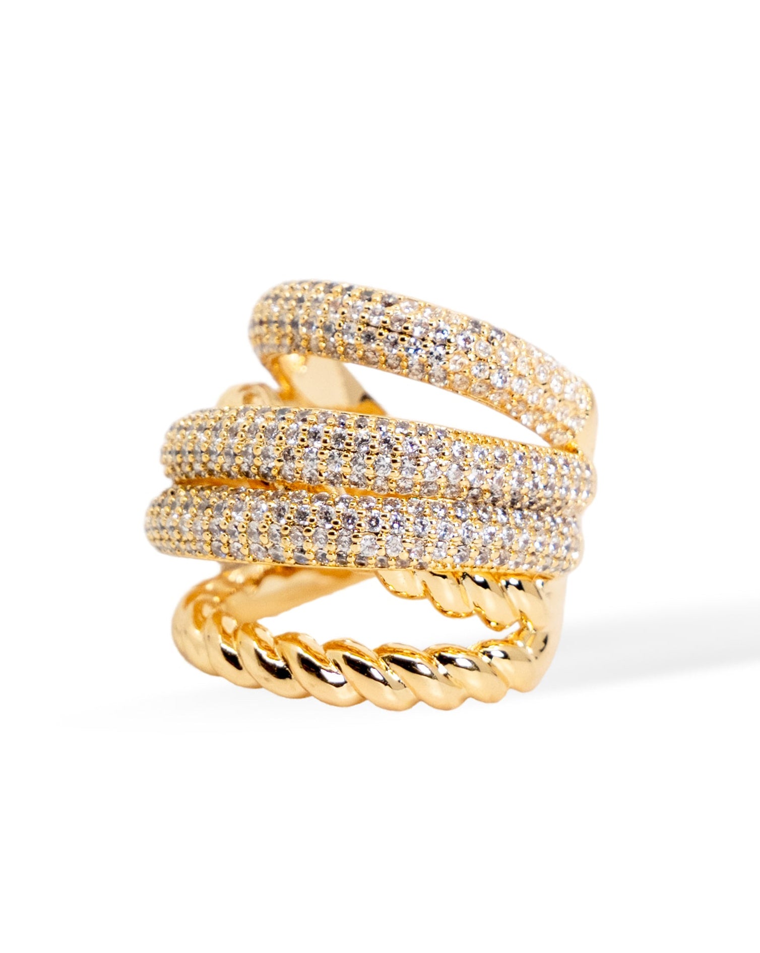 Luxe Twist Pave Ring – Gold Elegance