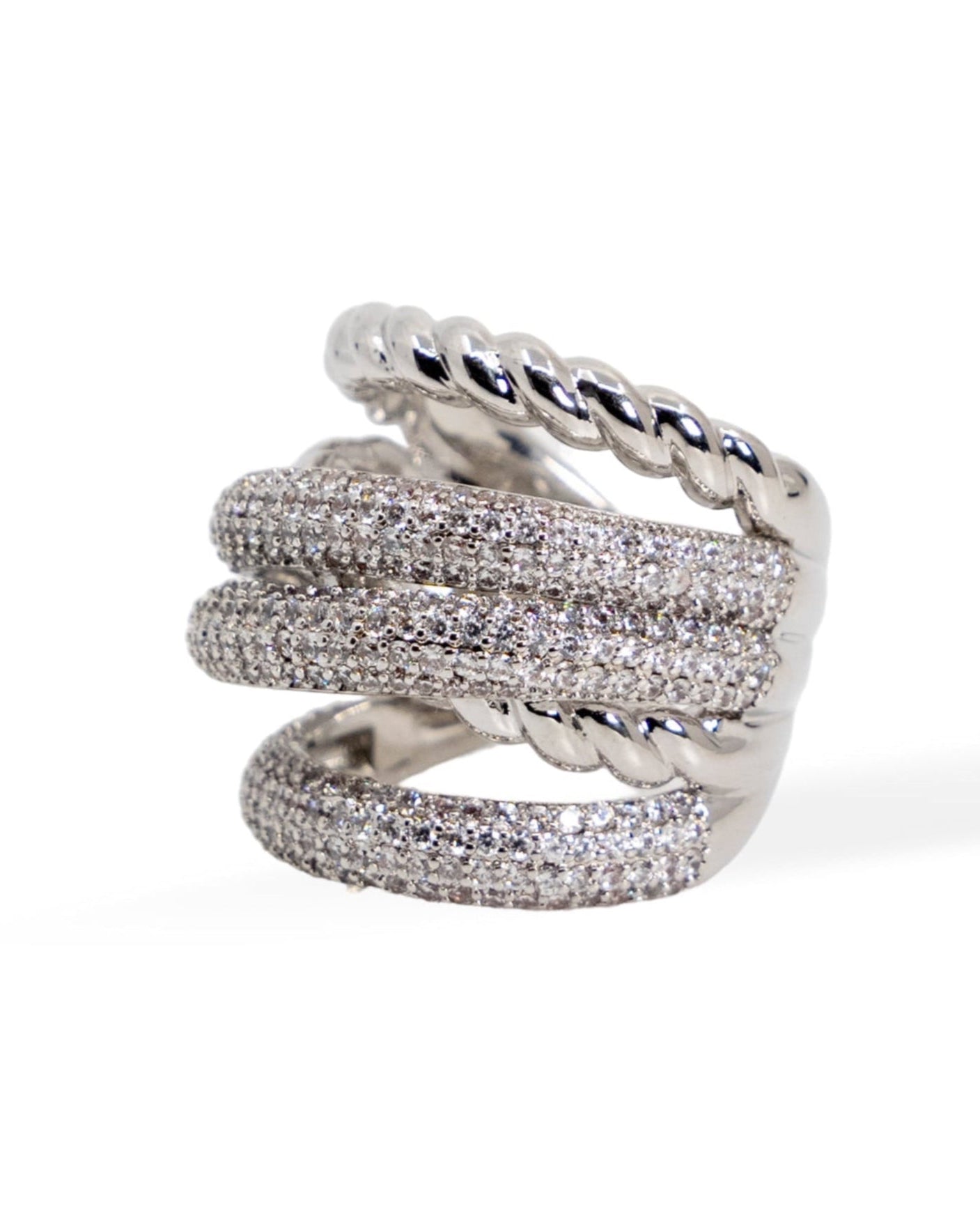 Luxe Twist Pave Ring – Silver Elegance
