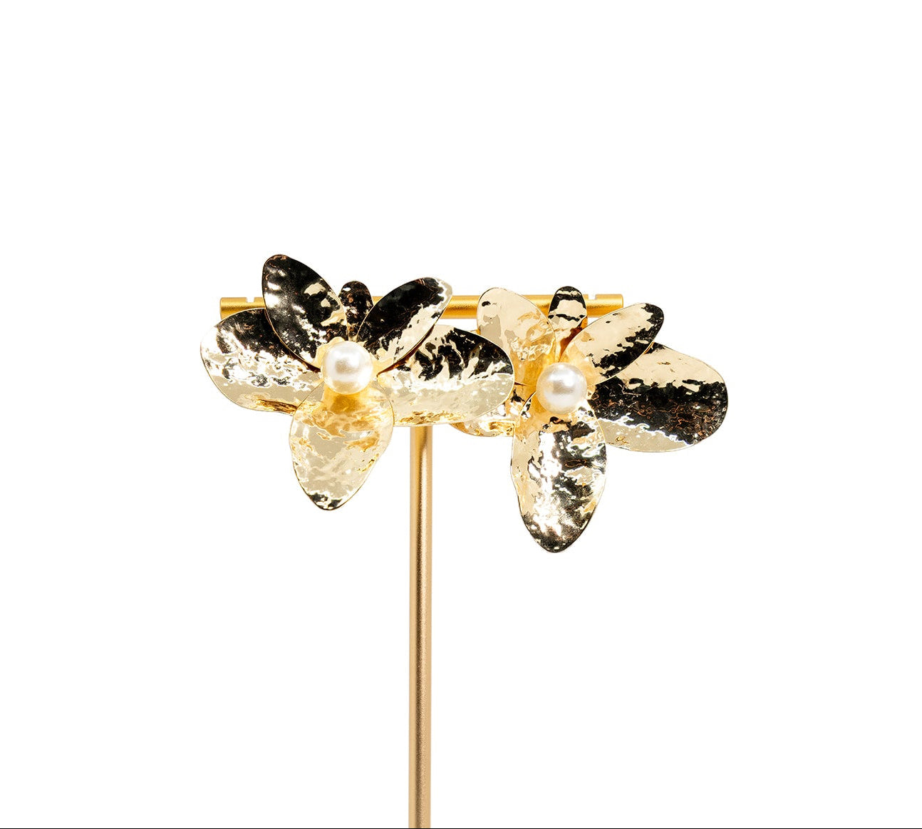 Hammered Gold Pearl Flower Earrings
