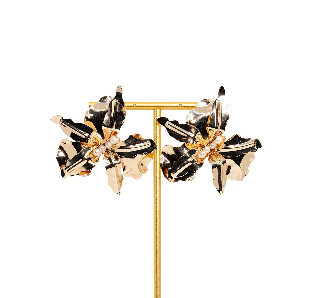 Golden Petal Pearl Statement Earrings