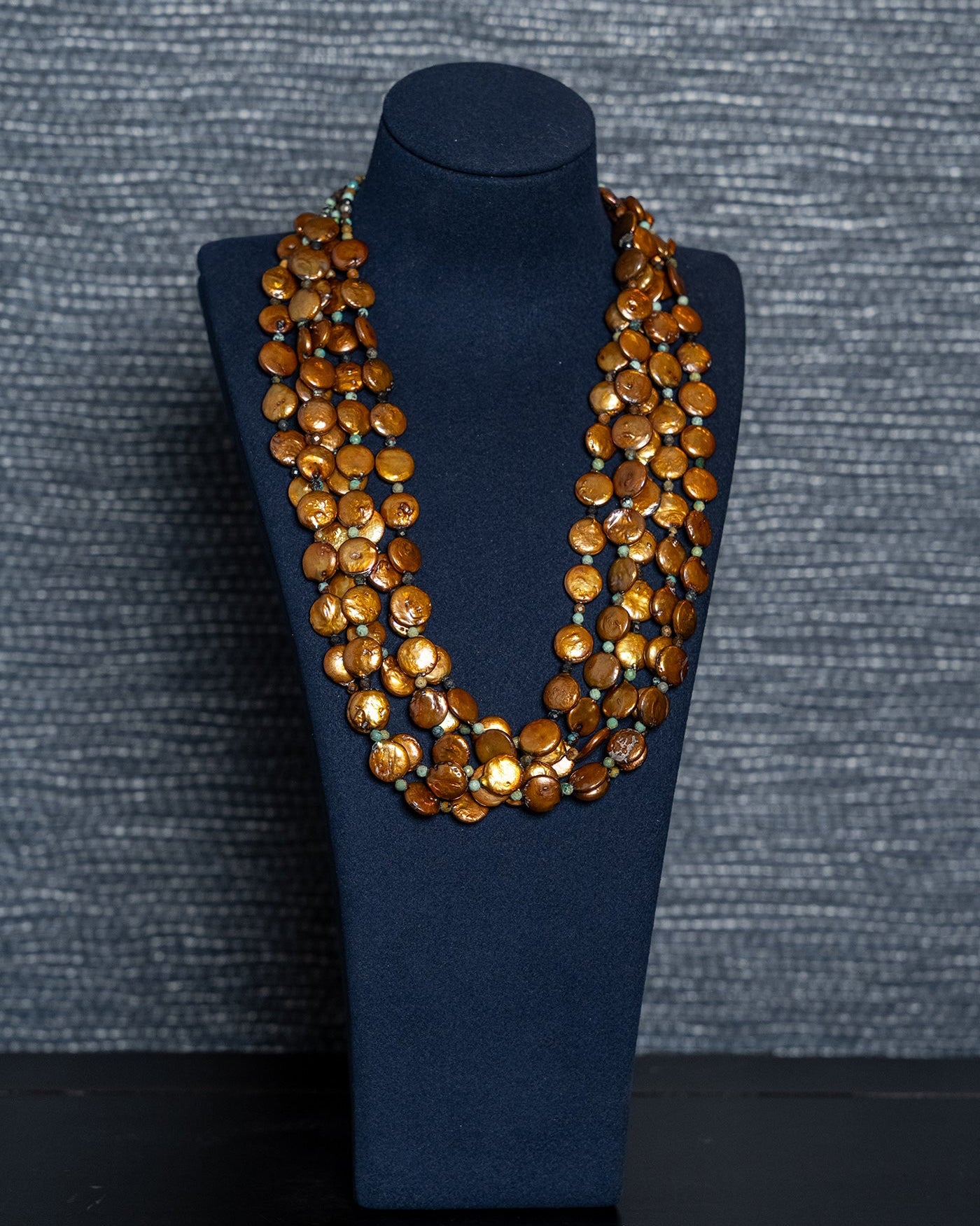 Bronzed Coin Pearrls/ Turquoise Cascade Necklace