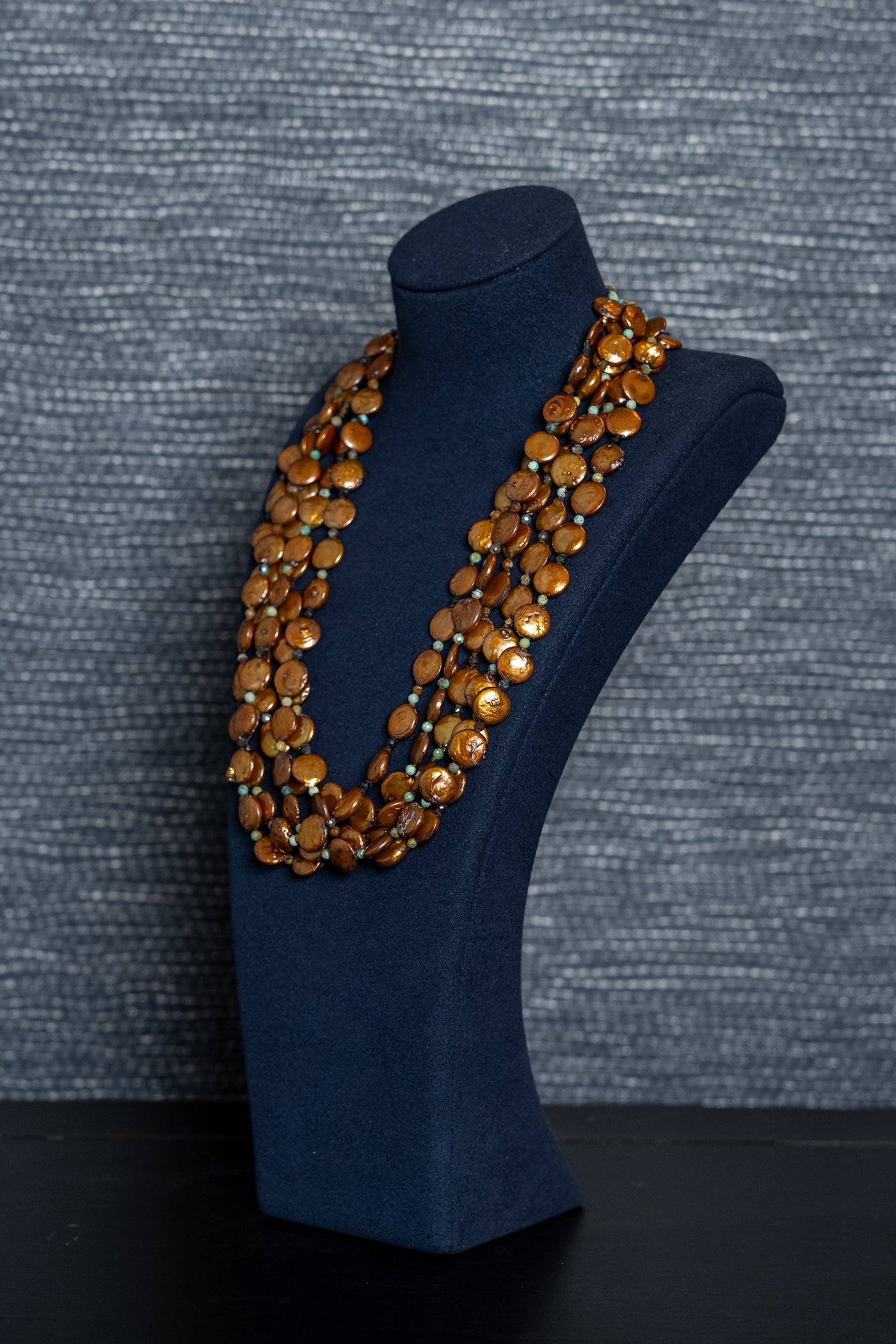 Bronzed Coin Pearrls/ Turquoise Cascade Necklace