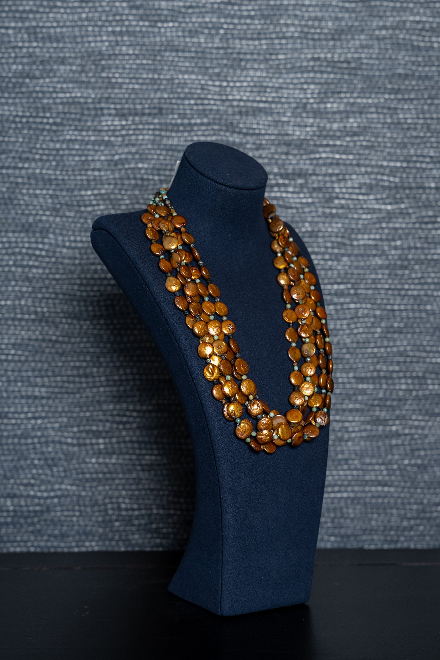 Bronzed Coin Pearrls/ Turquoise Cascade Necklace