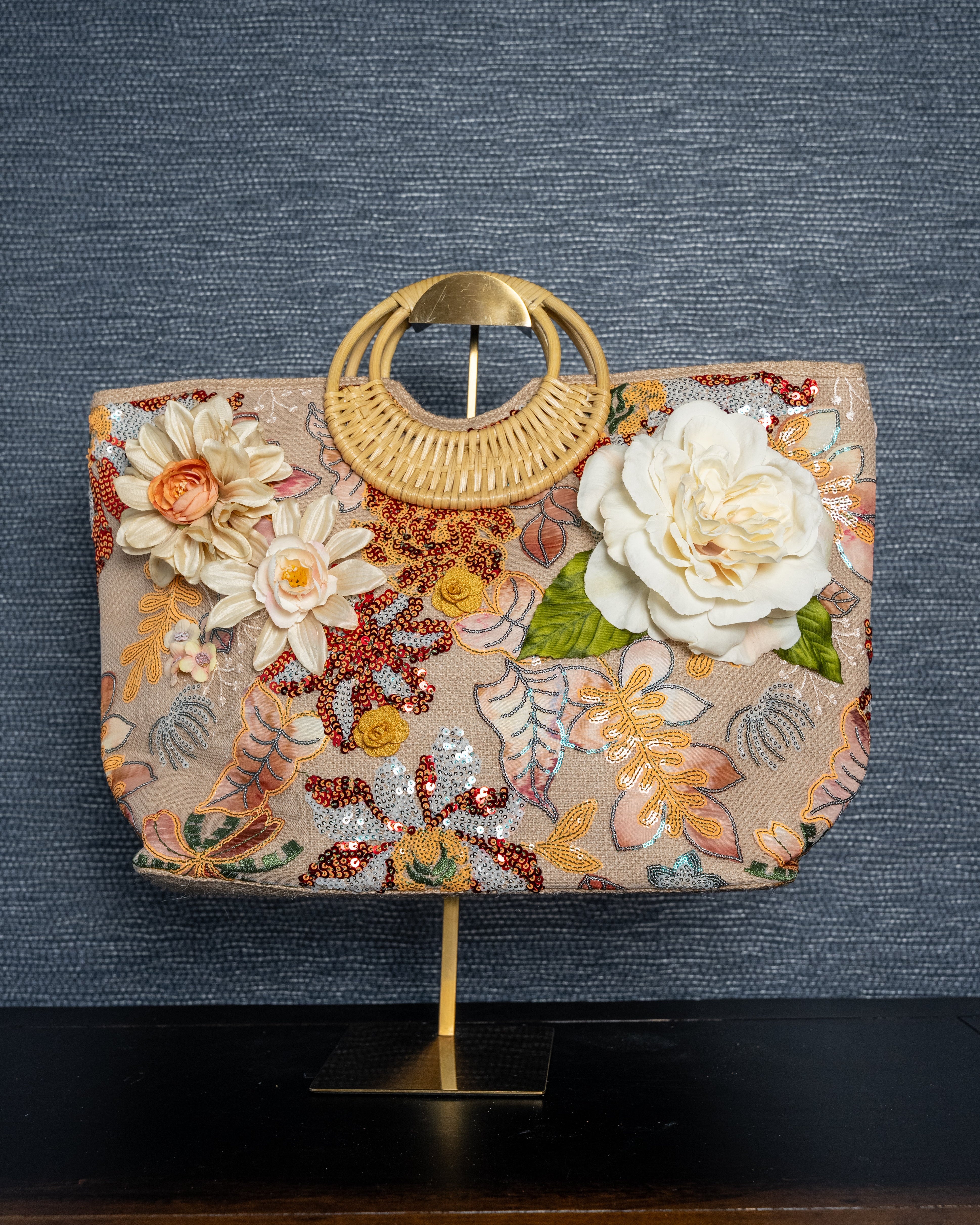 Garden Bloom Sequin Tote with Rattan Handles