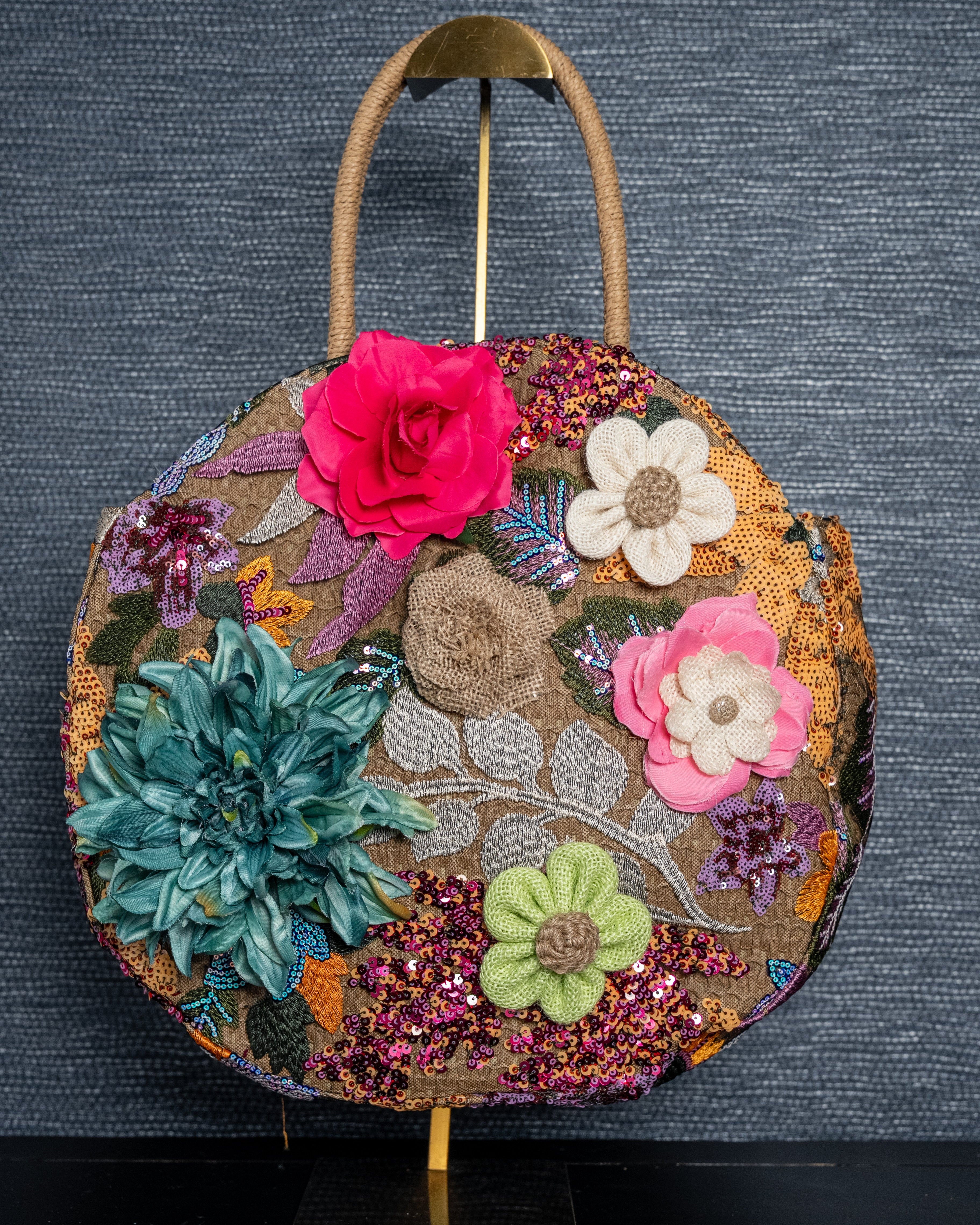 Artisan Round Floral Embellished Tote