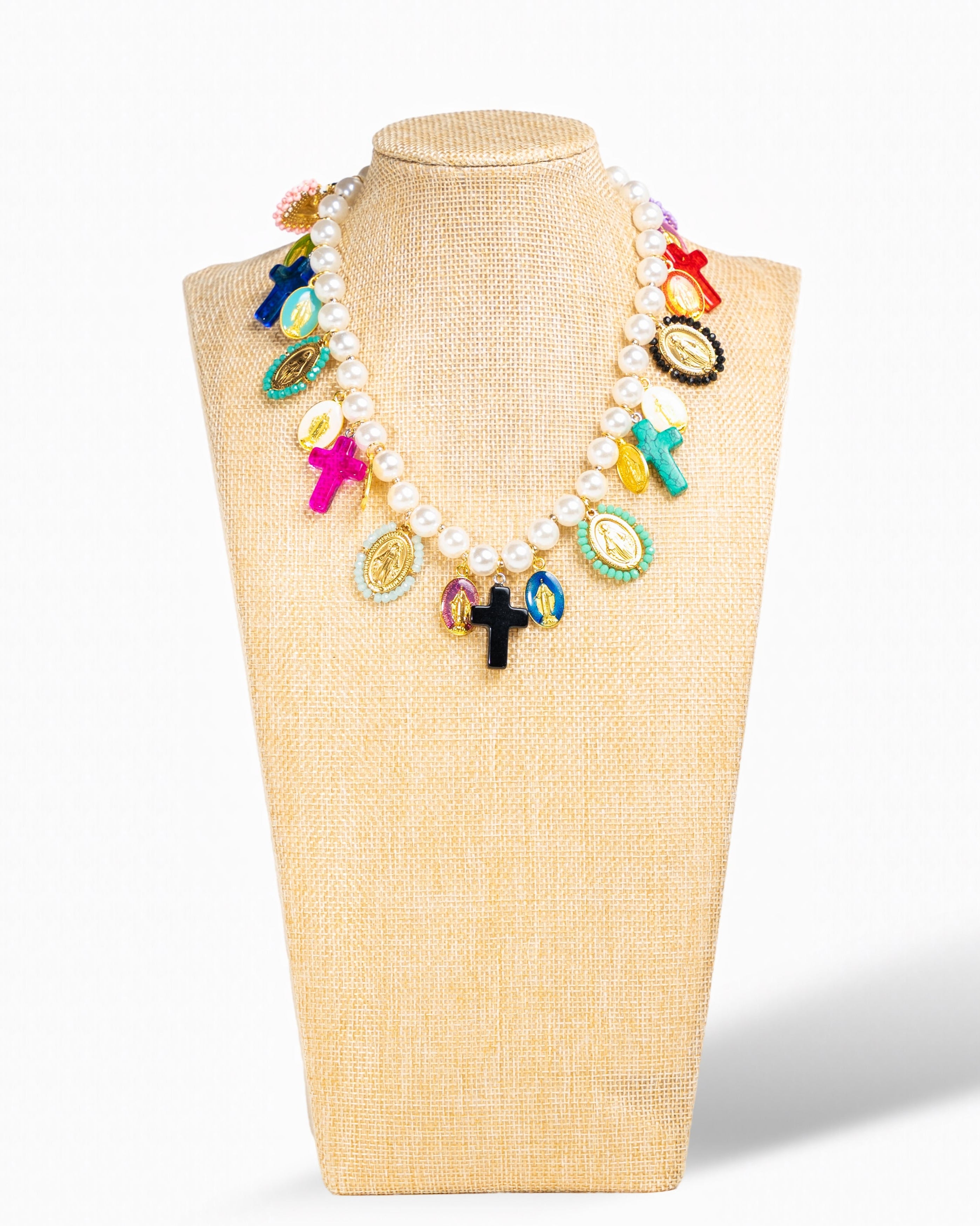 Pearl Charm Necklace with Colorful Crosses & Medals