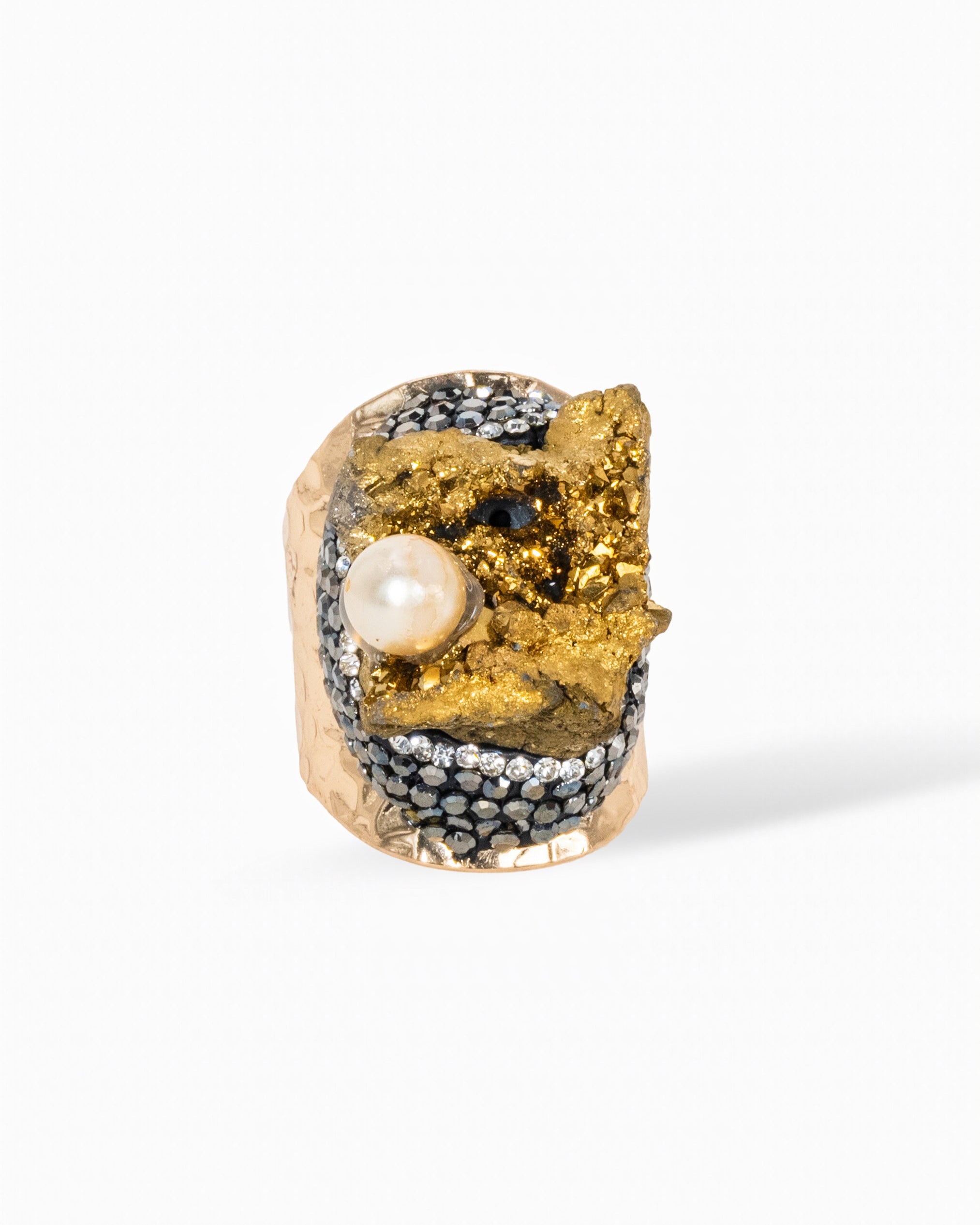 Statement Ring- Raw Druz, Gold and Silver Pearl Accent