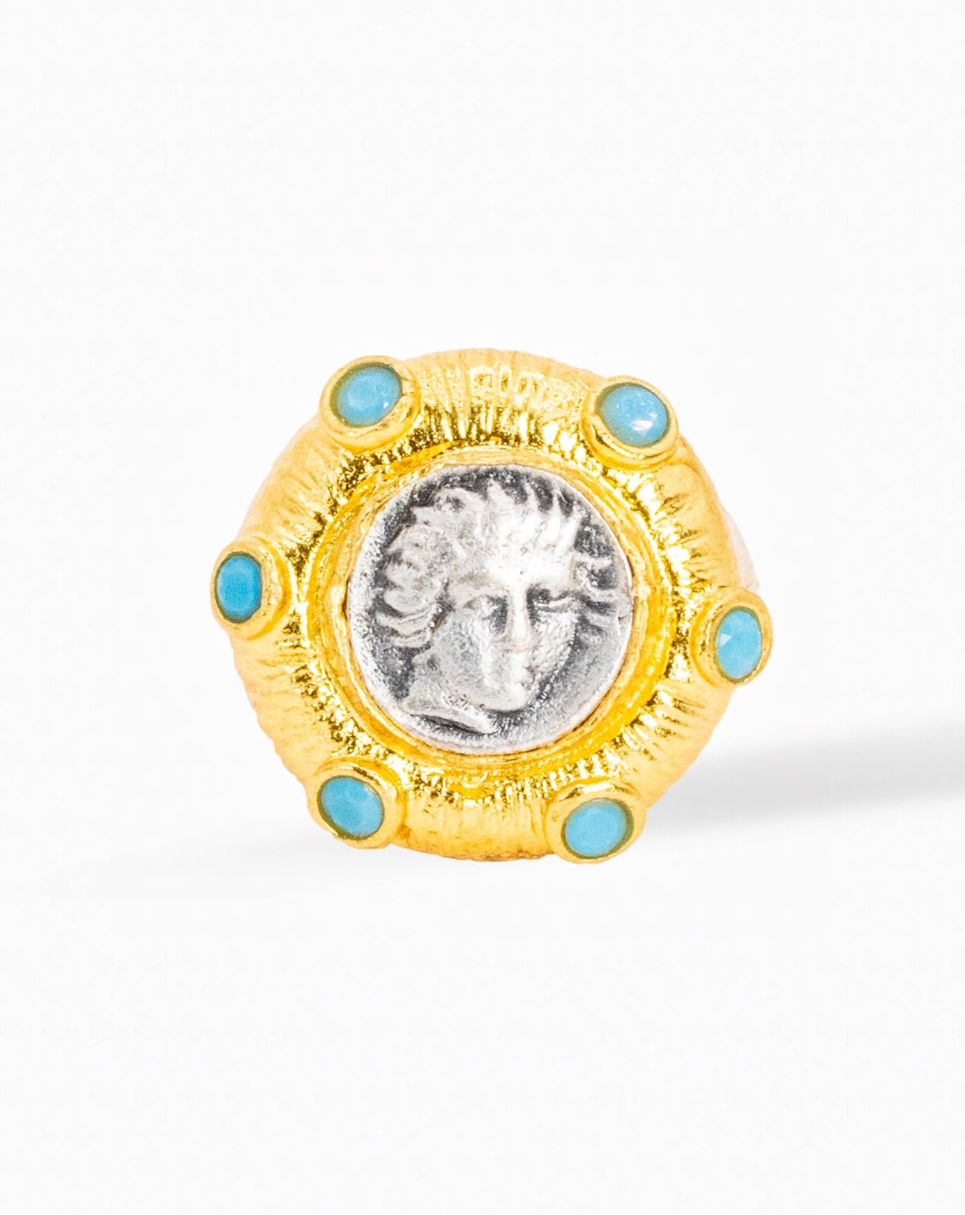 Turquoise Crown Medallion Ring – Golden Sunburst