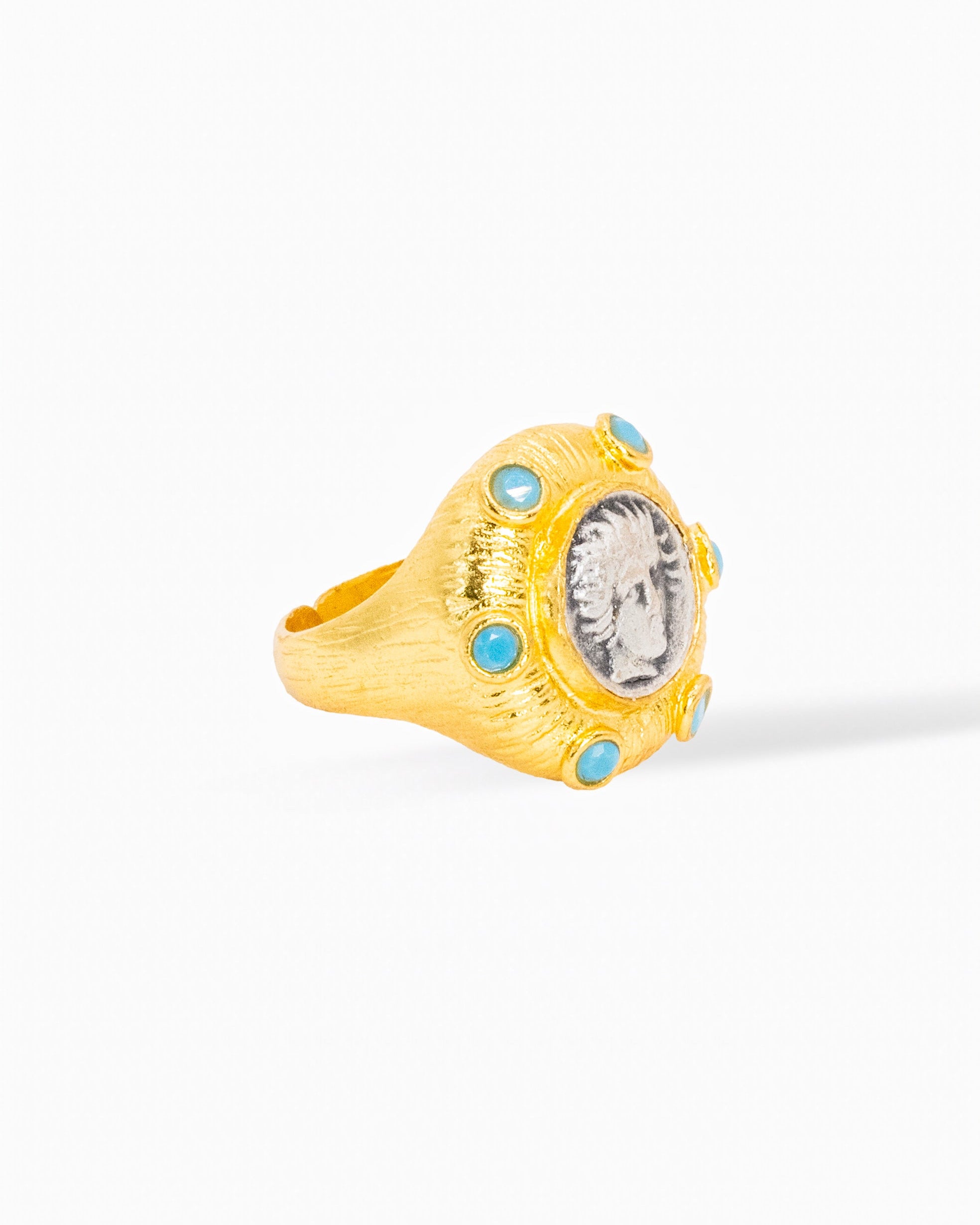 Turquoise Crown Medallion Ring – Golden Sunburst