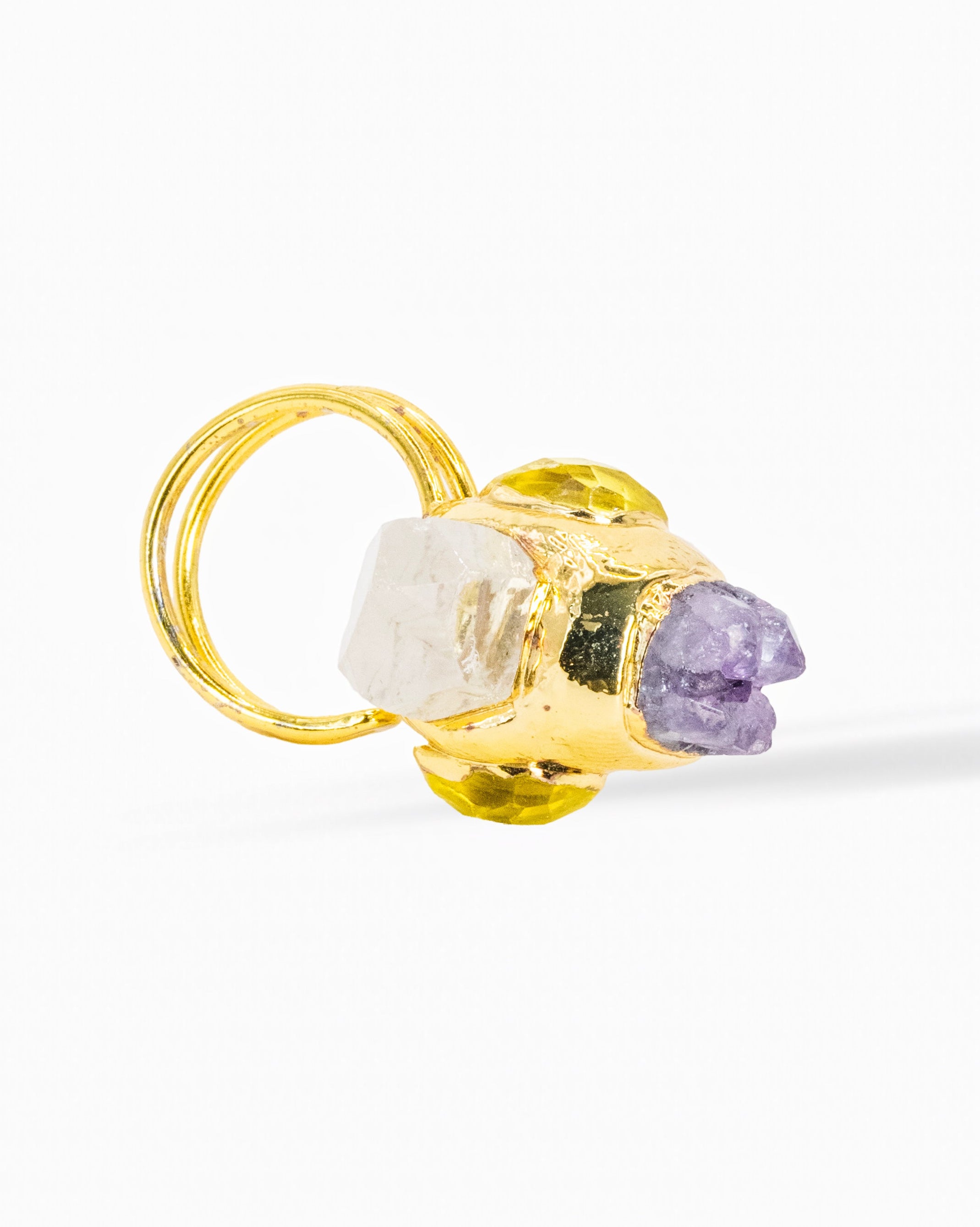 Divine Energy Amethyst & Quartz Ring – 18K Gold Plated