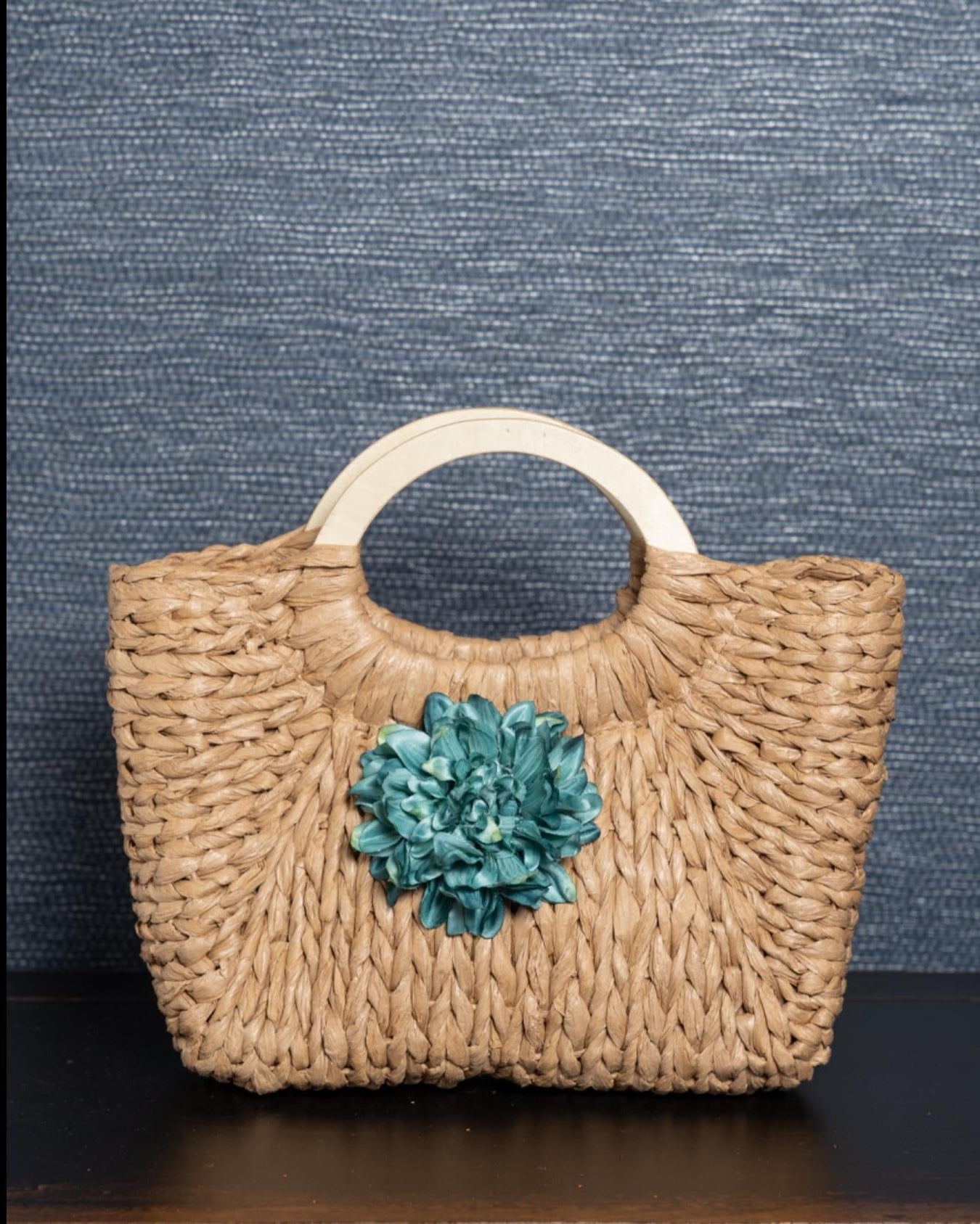 Caramel Woven Tote with Teal Blossom