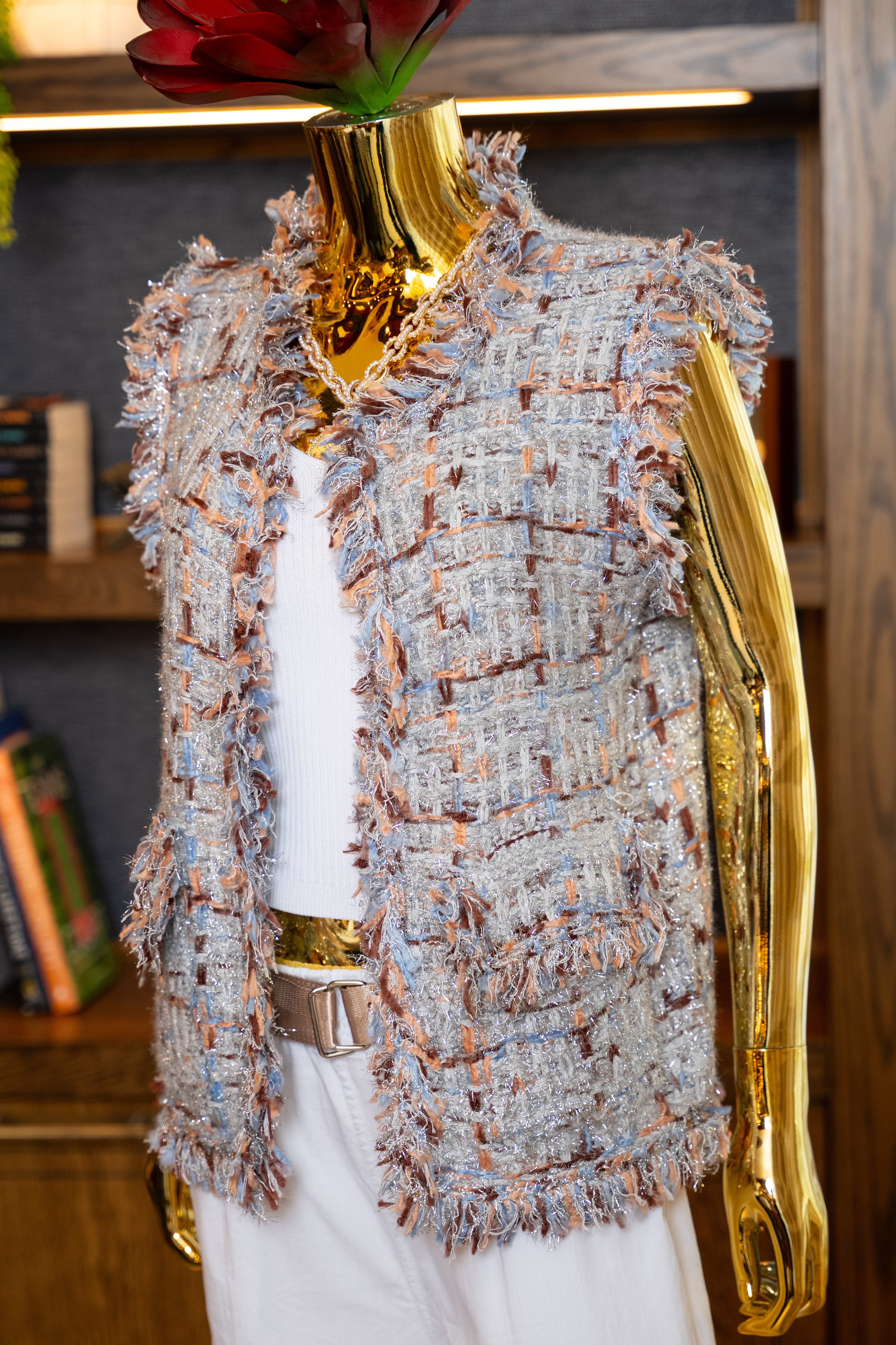 Fringe Detail Tweed Vest