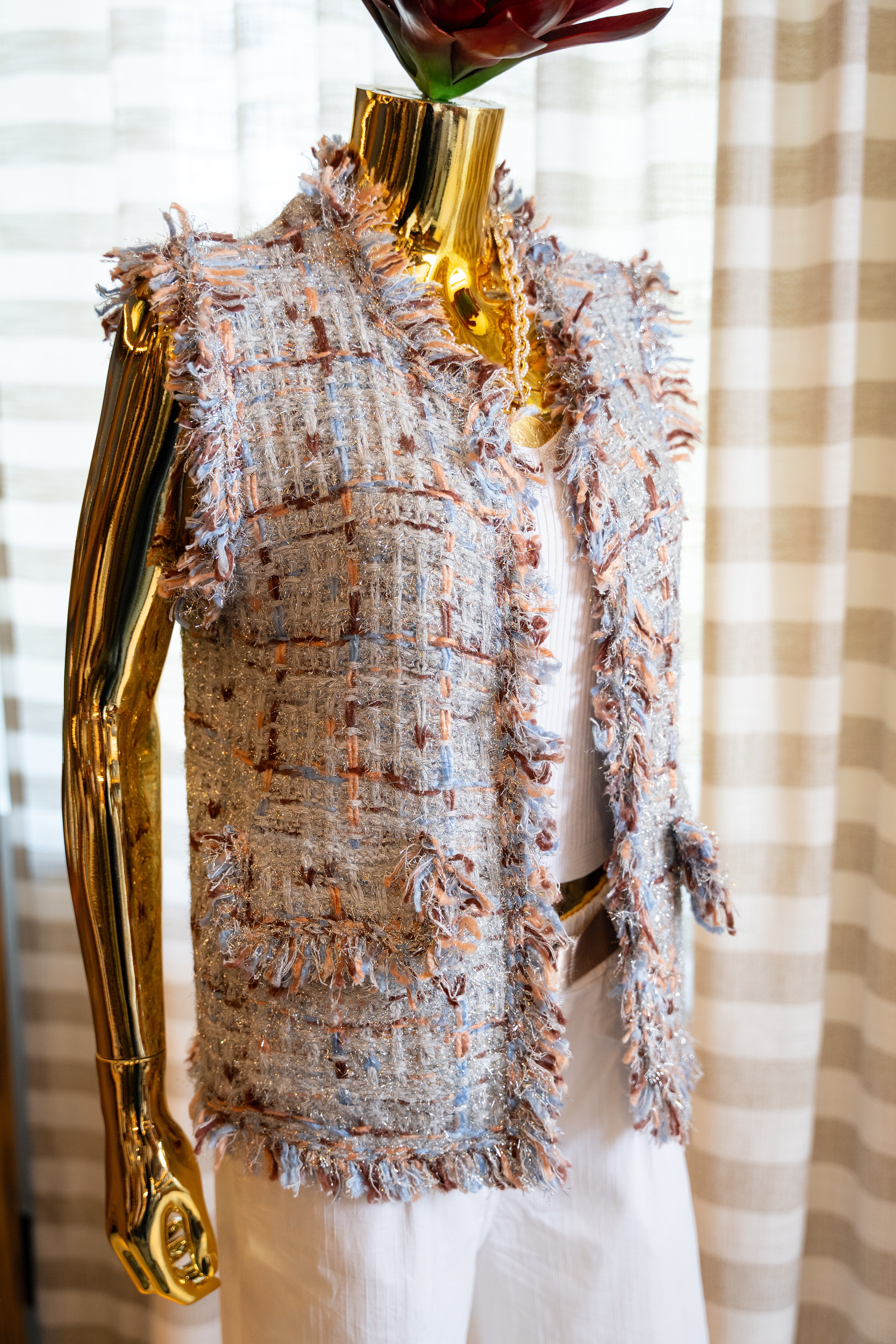 Fringe Detail Tweed Vest