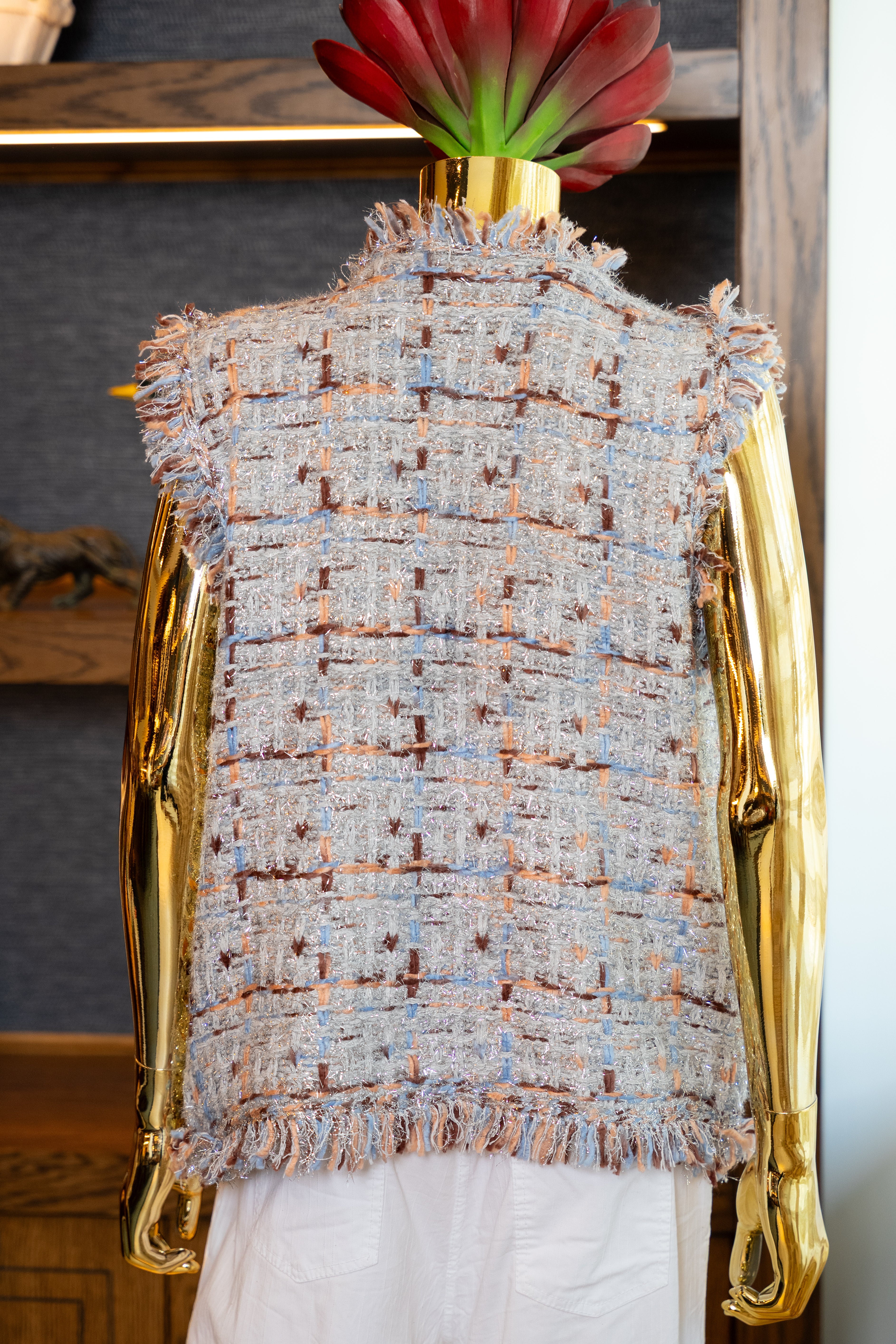 Fringe Detail Tweed Vest