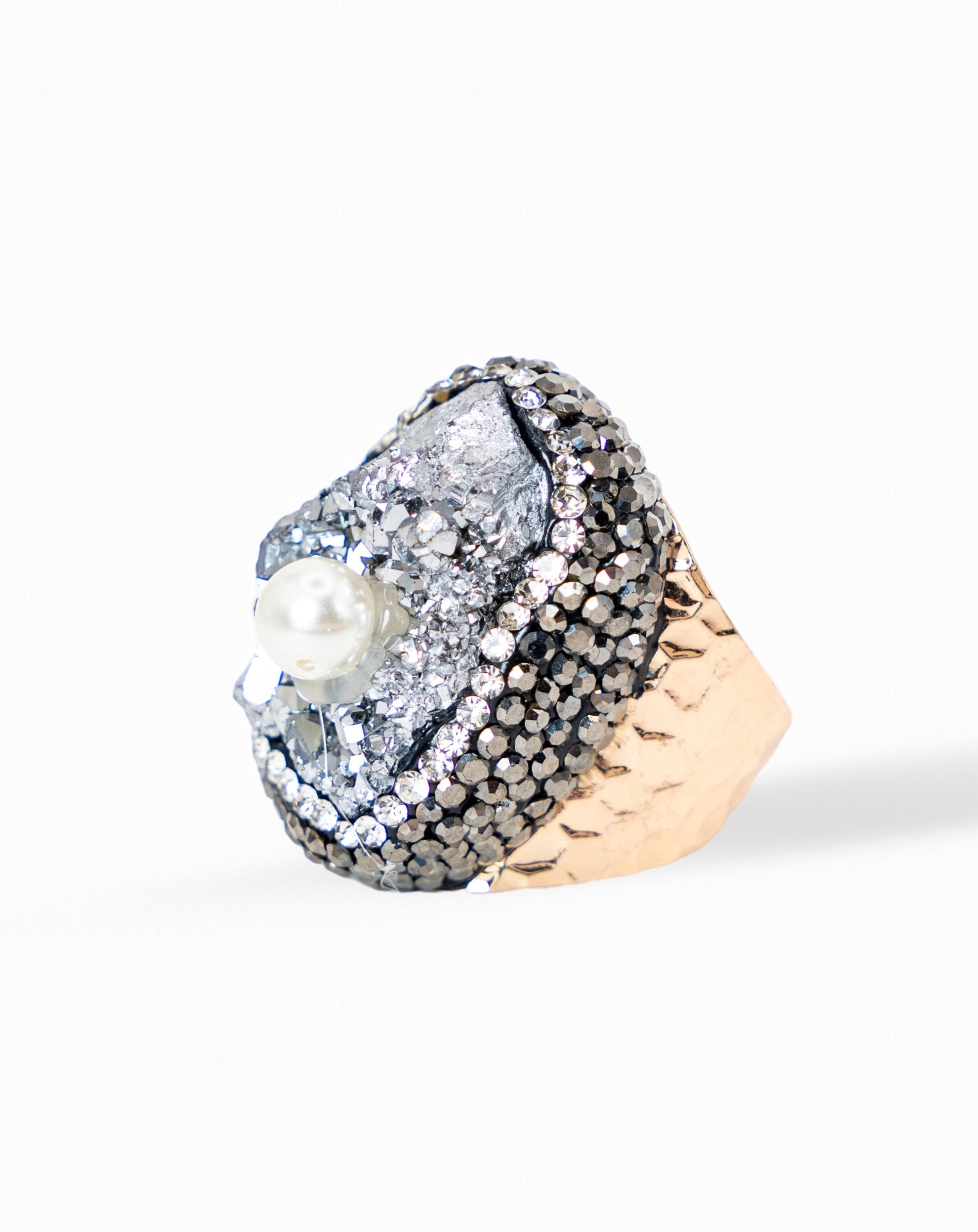 Statement Ring- Raw Druz, Gold and Silver Pearl Accent