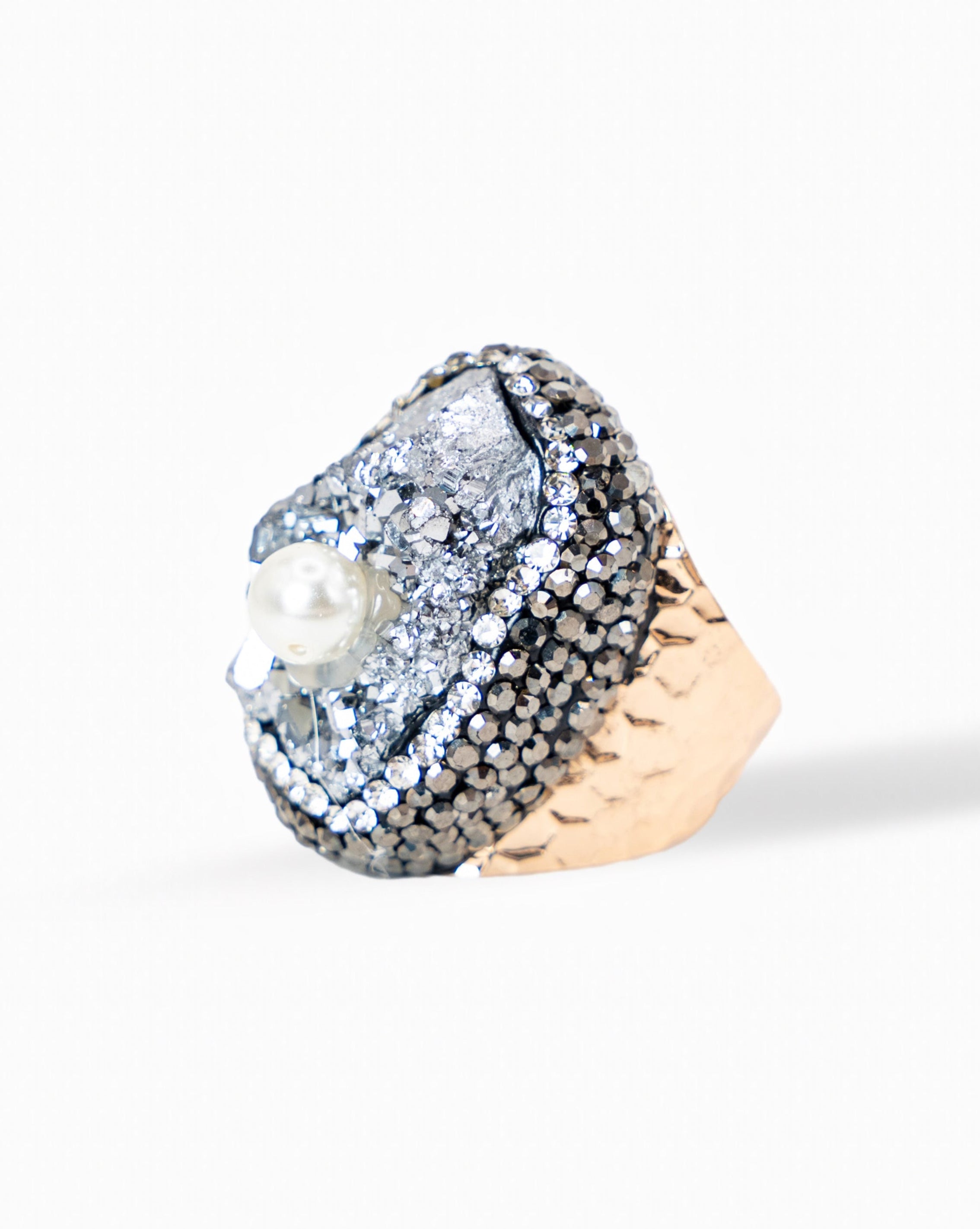 Statement Ring- Raw Druz, Gold and Silver Pearl Accent