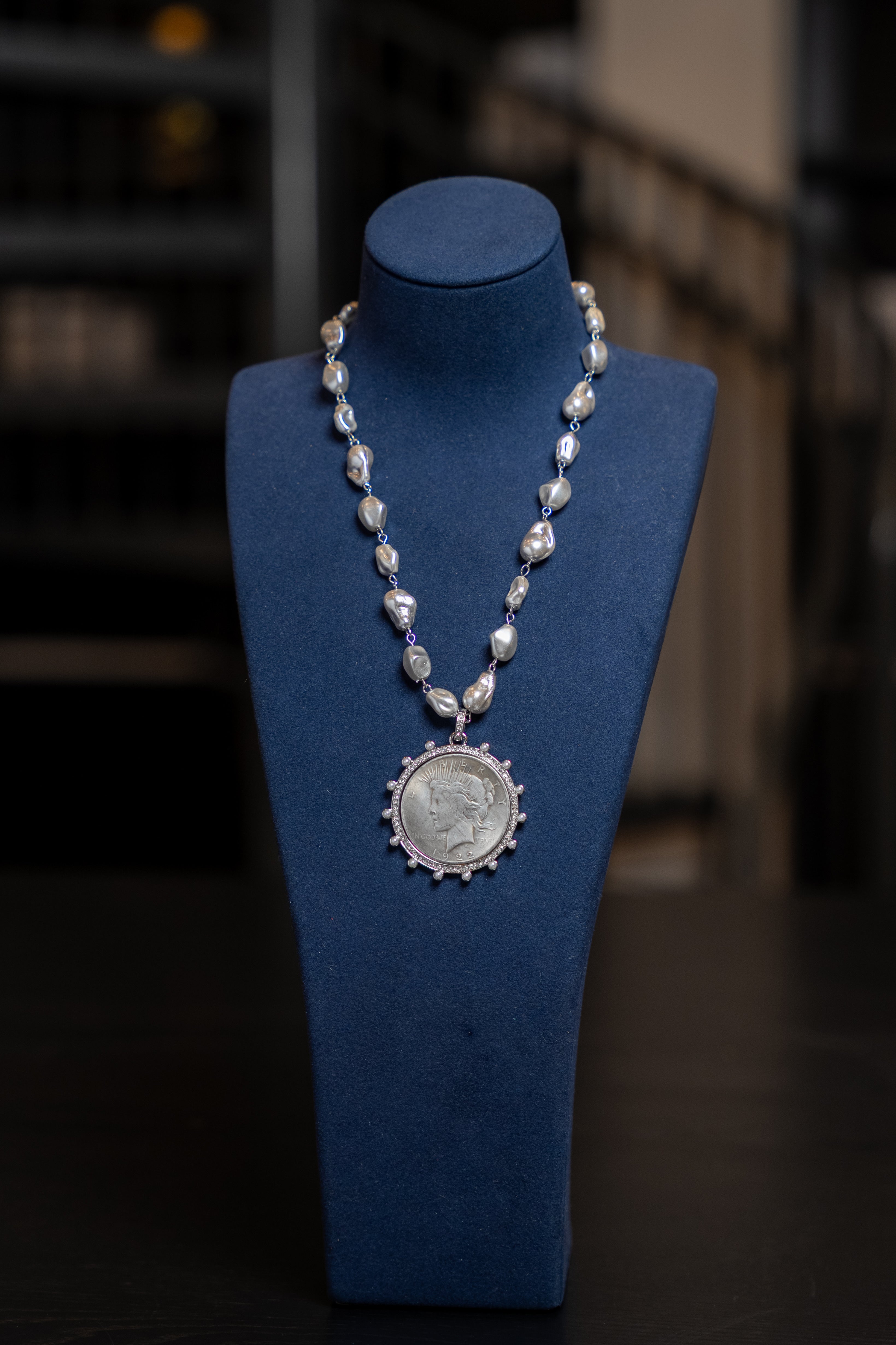 Silver Peace Coin Pearl Necklace